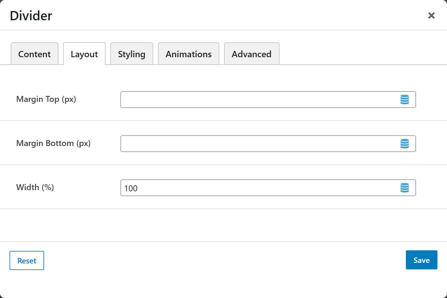 Divider options panel — Layout tab