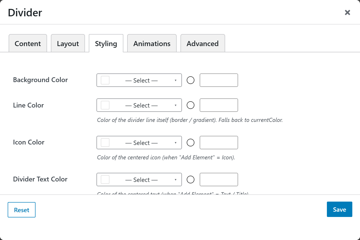 Divider options panel — Styling tab