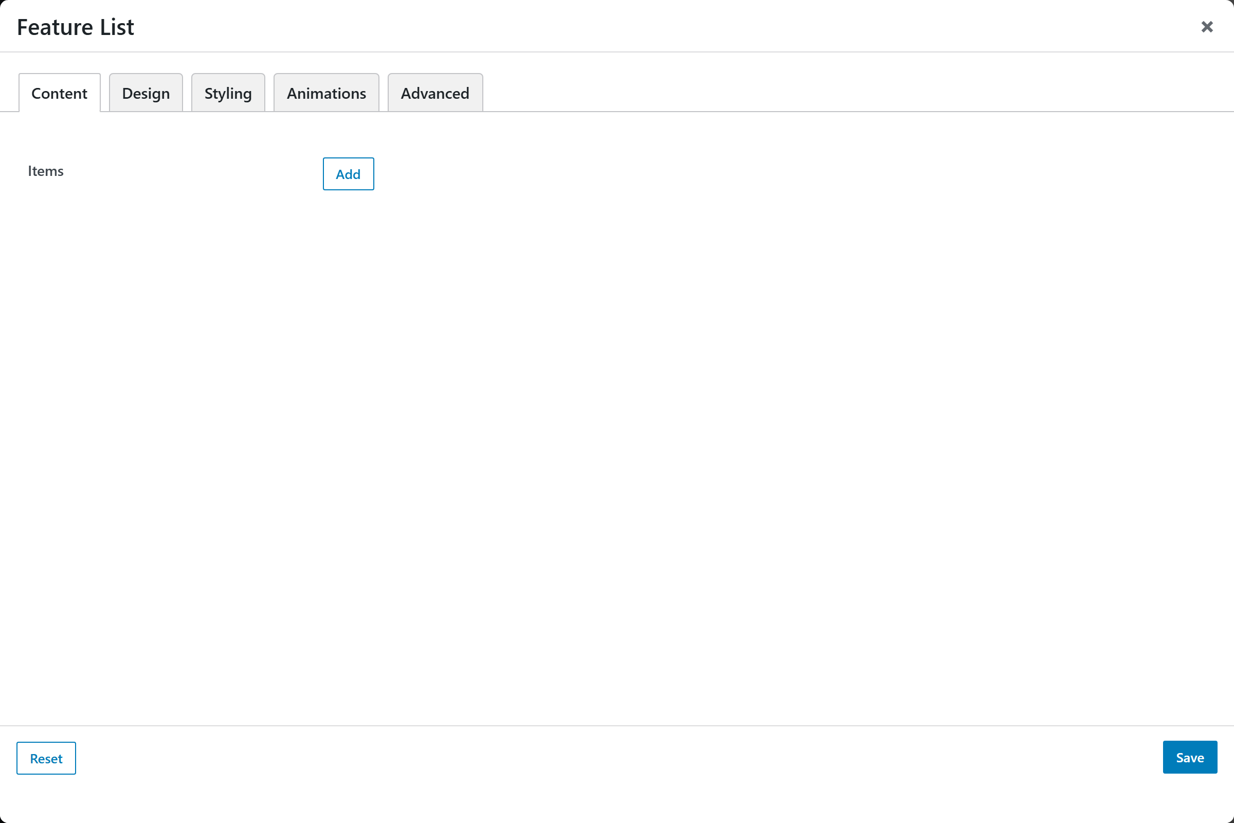 Feature List options panel — Content tab