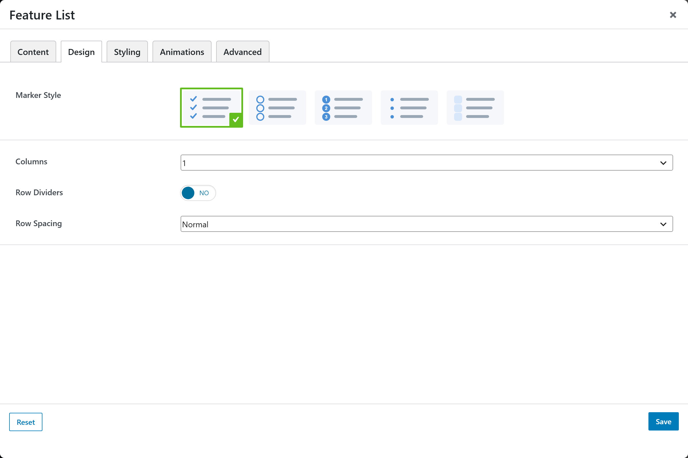 Feature List options panel — Design tab