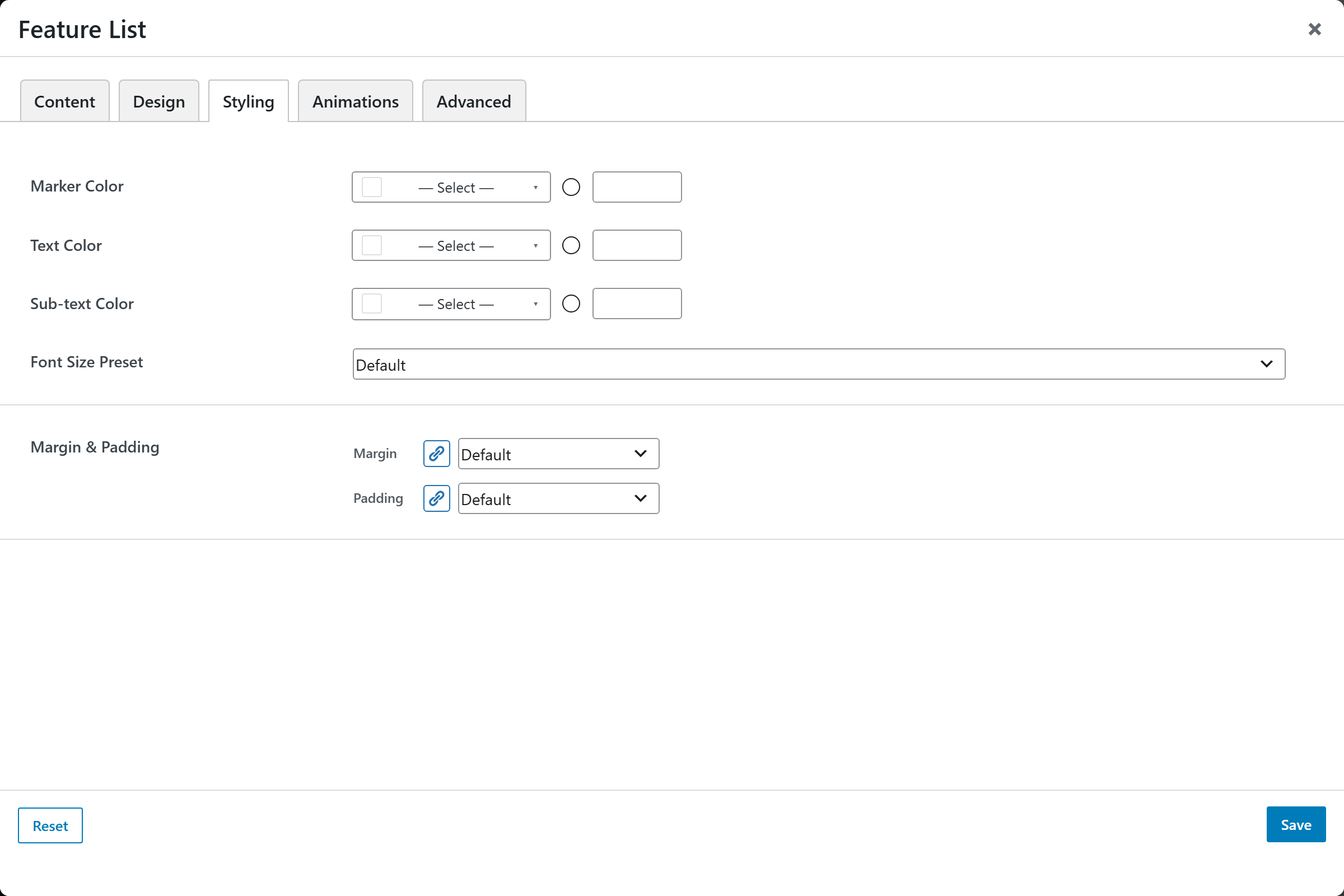 Feature List options panel — Styling tab