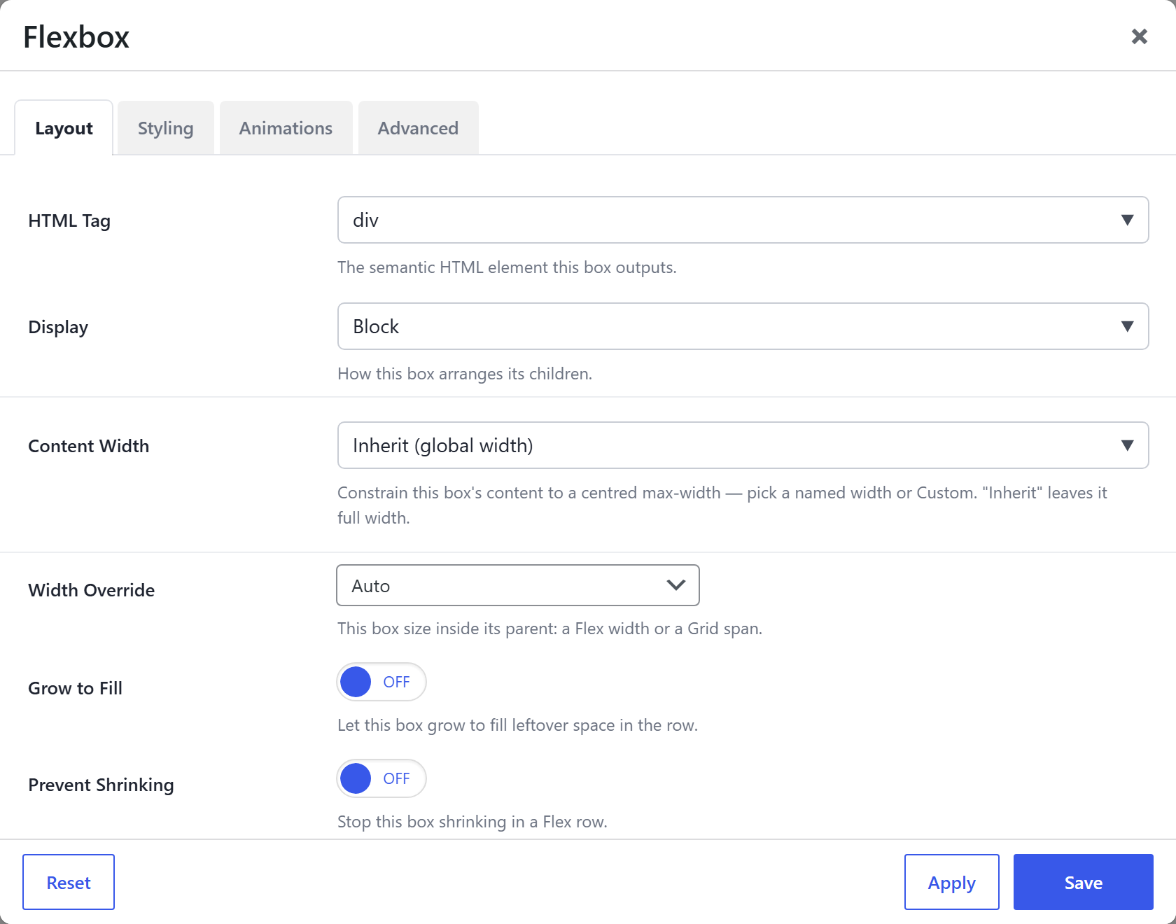 Block (Div) options — the Layout tab, with HTML Tag div and Display set to Block