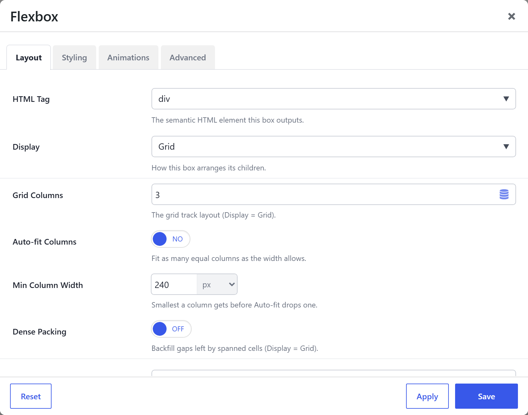Grid (Div) options — the Layout tab, with Display set to Grid, Grid Columns, Auto-fit, Min Column Width and Dense Packing