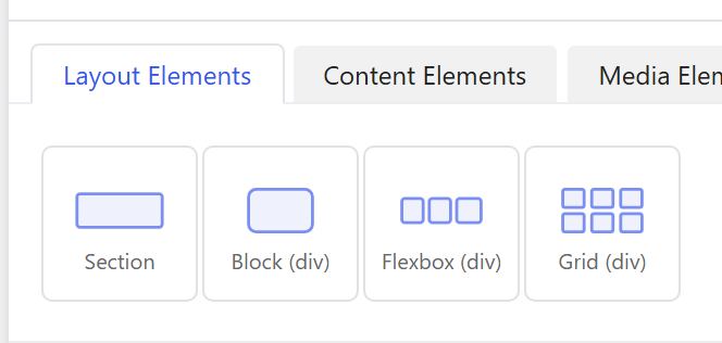 The four Flexbox tiles in the Layout Elements tab — Section, Block (div), Flexbox (div) and Grid (div)