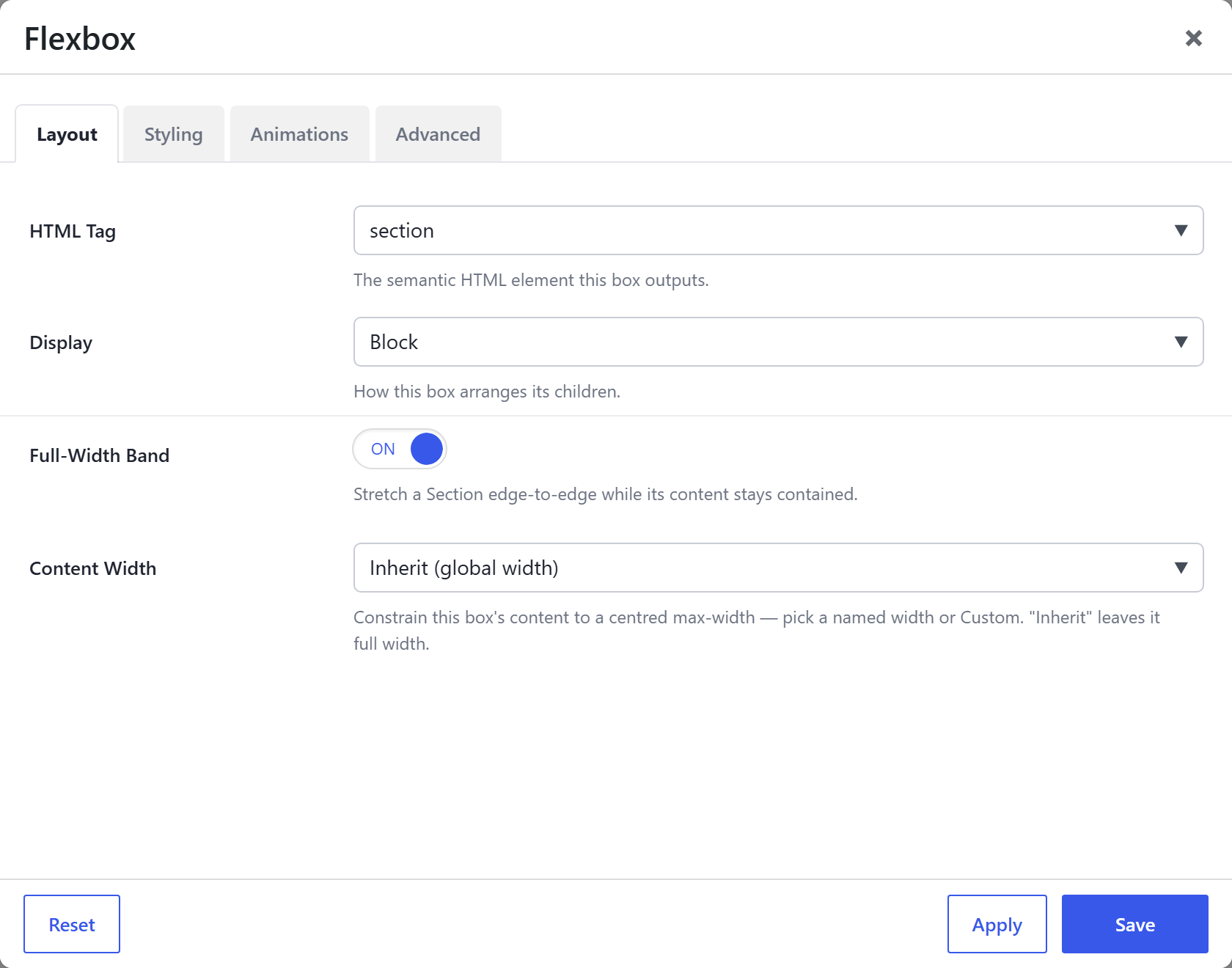 Section (Div) options — the Layout tab, with HTML Tag set to section, Full-Width Band and Content Width