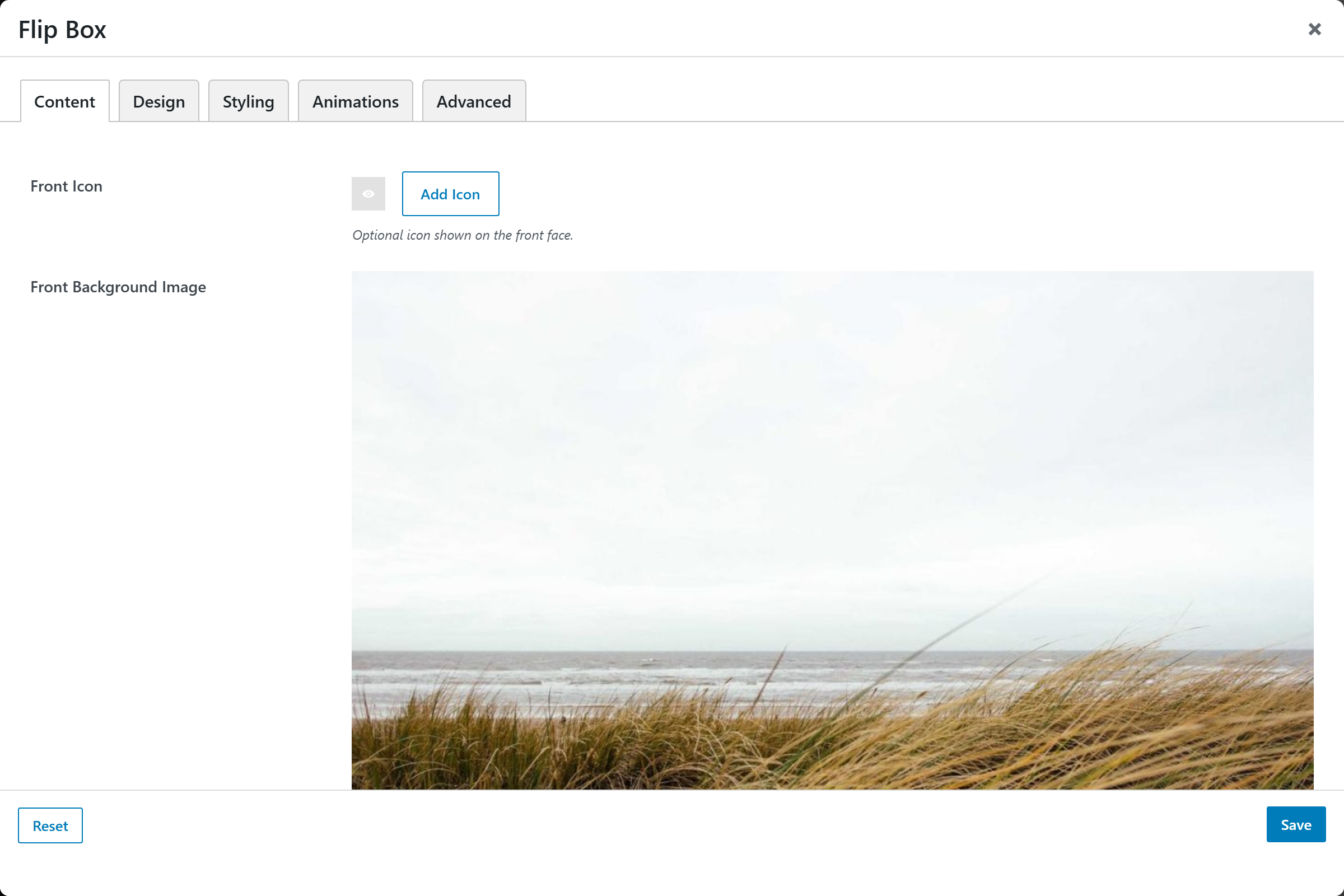 Flip Box options panel — Content tab