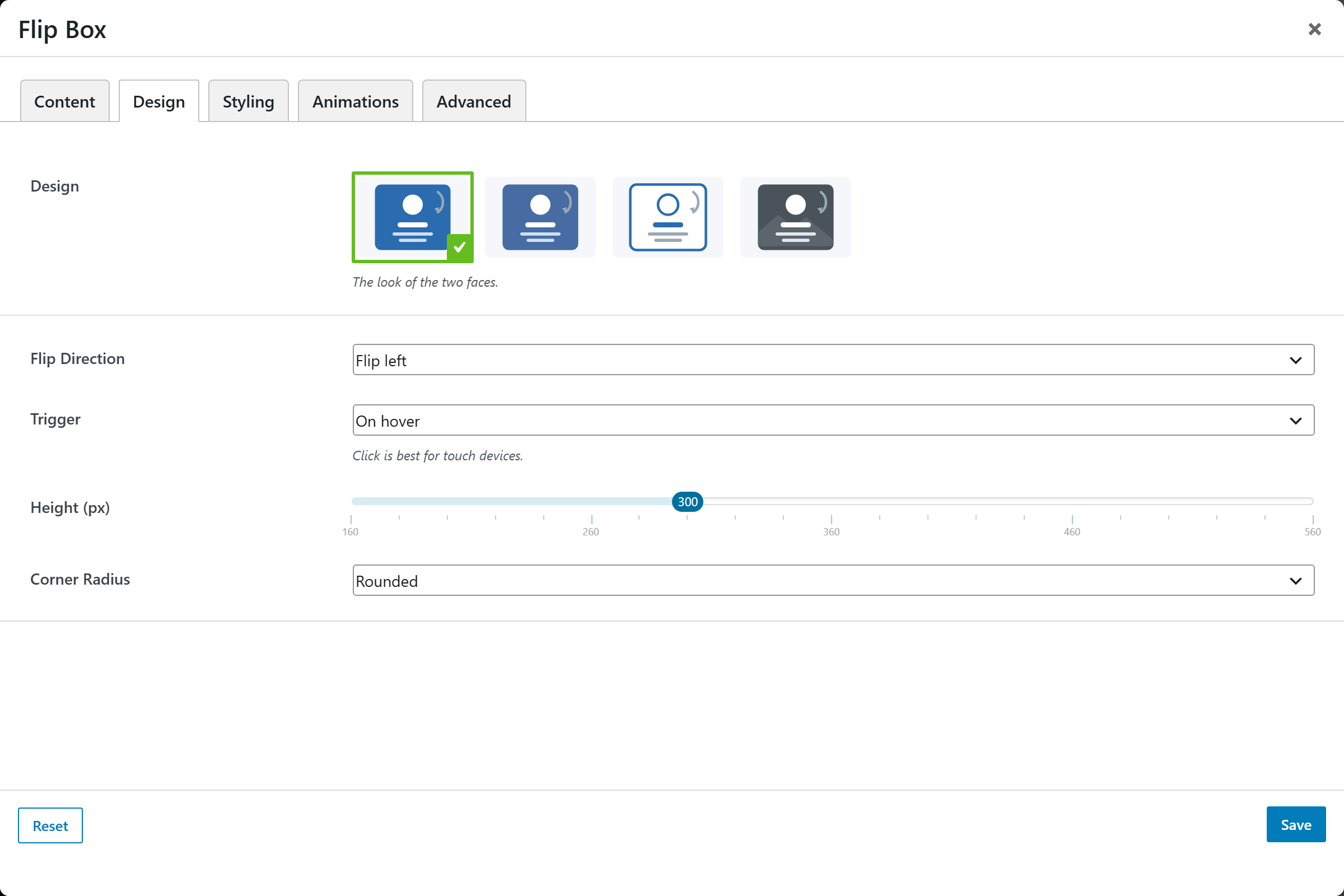 Flip Box options panel — Design tab