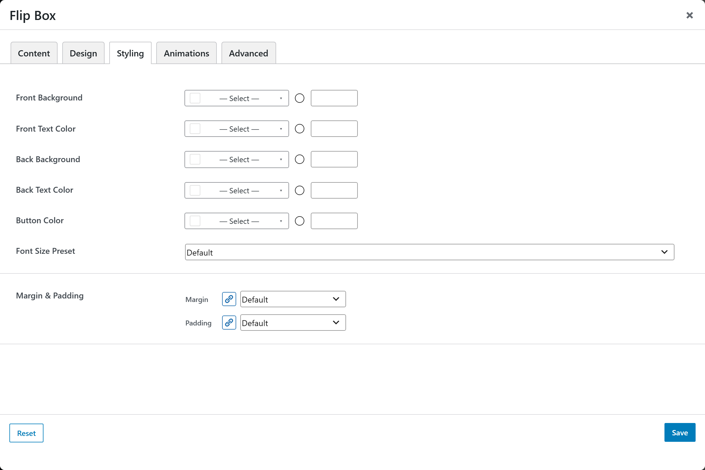 Flip Box options panel — Styling tab