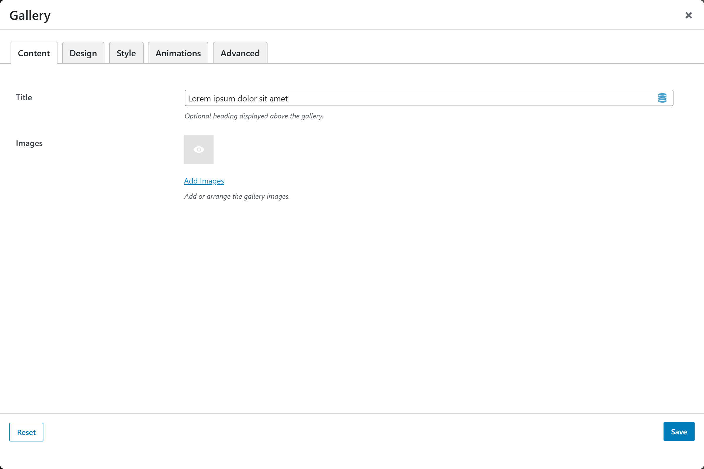 Gallery options panel — Content tab