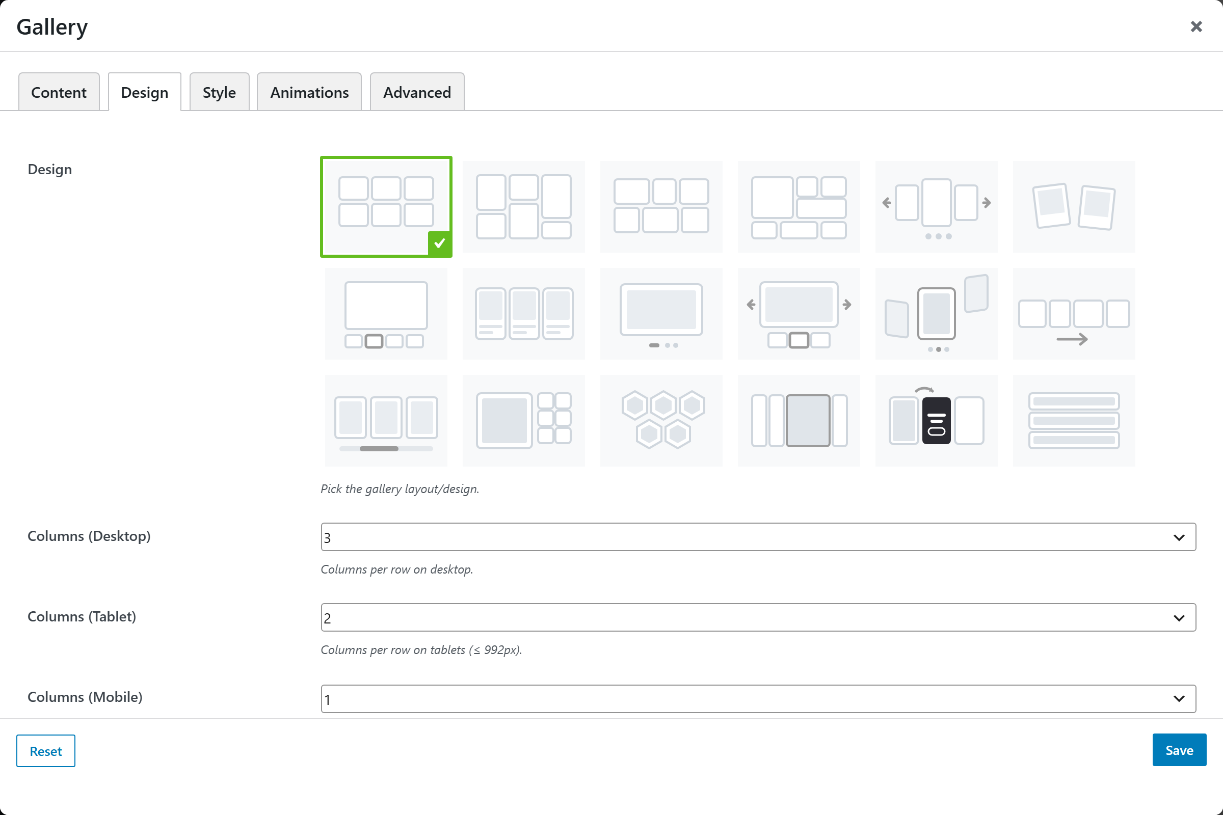 Gallery options panel — Design tab