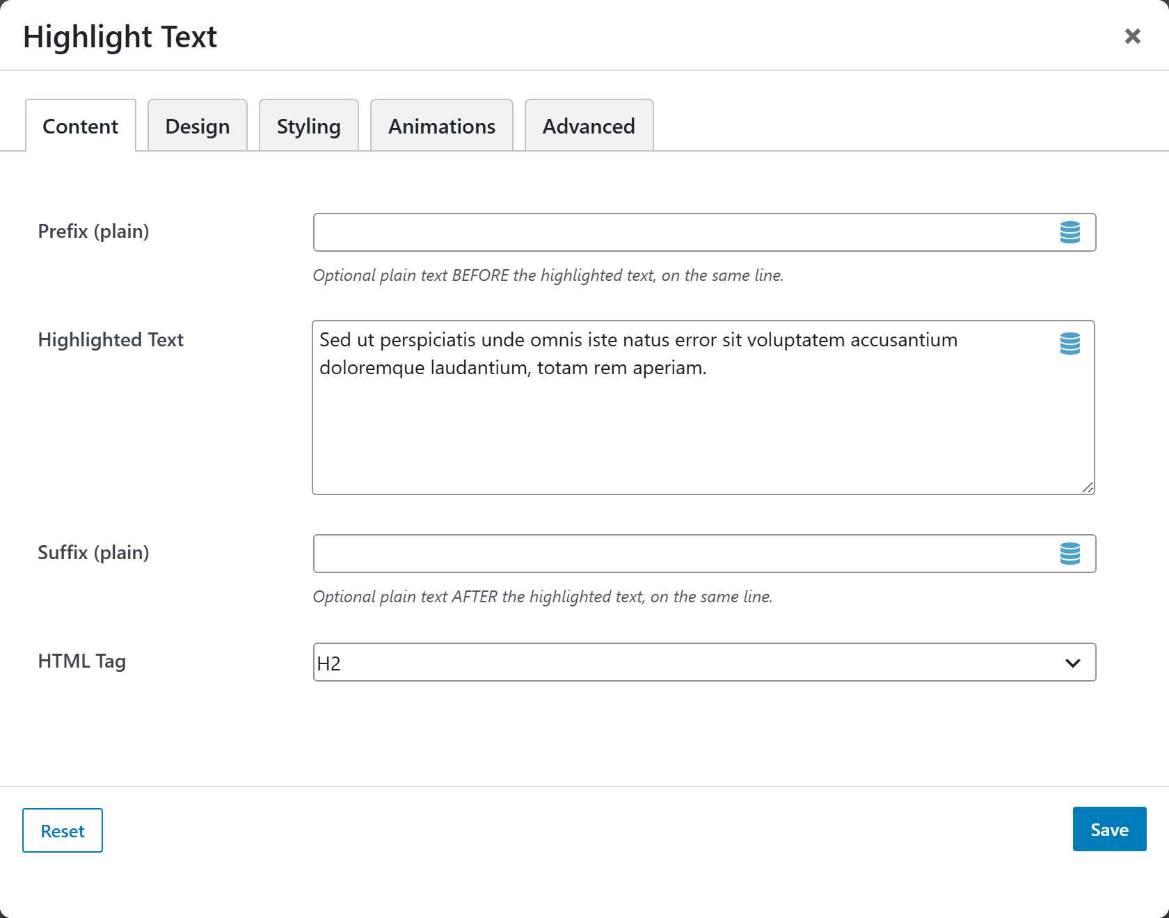 Highlight Text options panel — Content tab