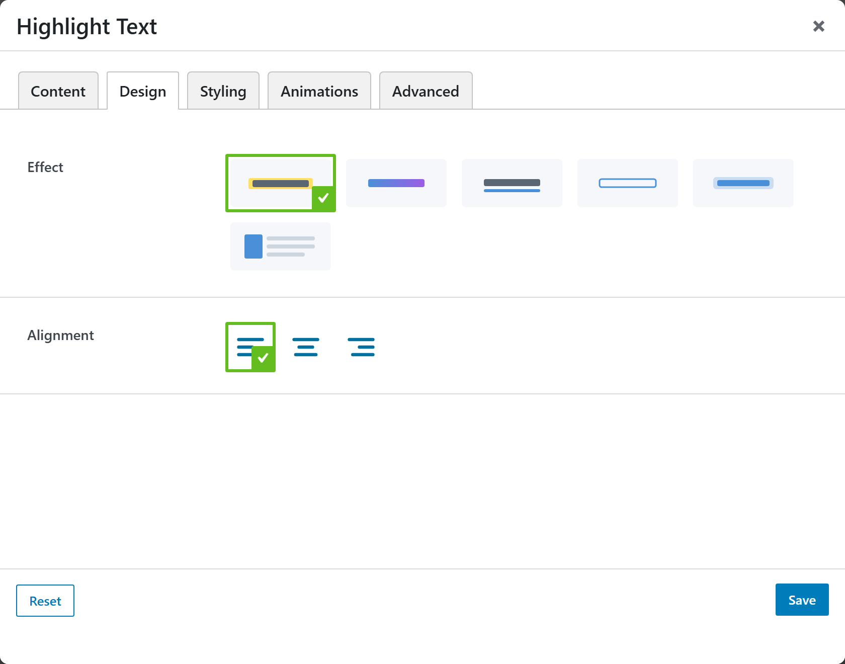 Highlight Text options panel — Design tab