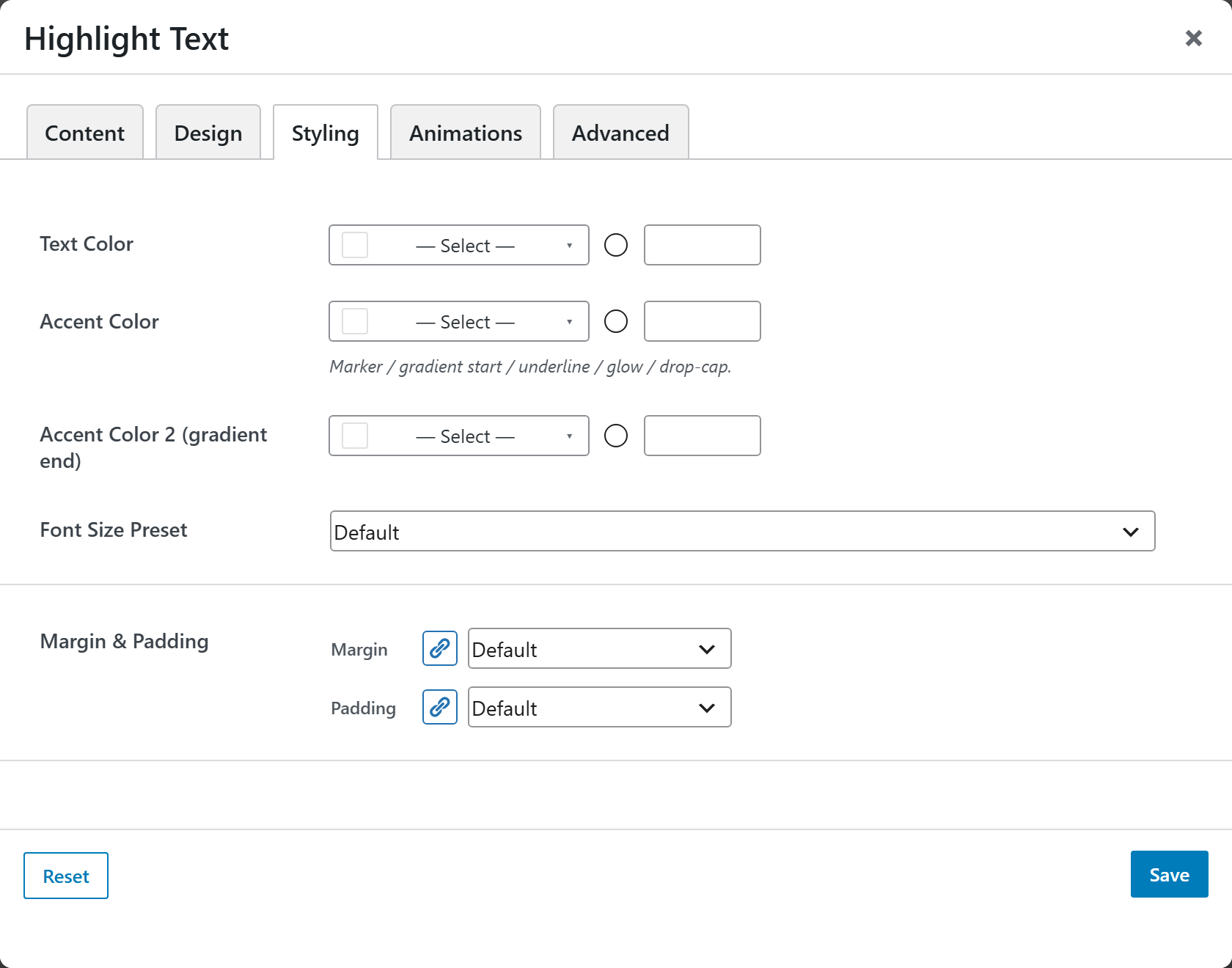 Highlight Text options panel — Styling tab