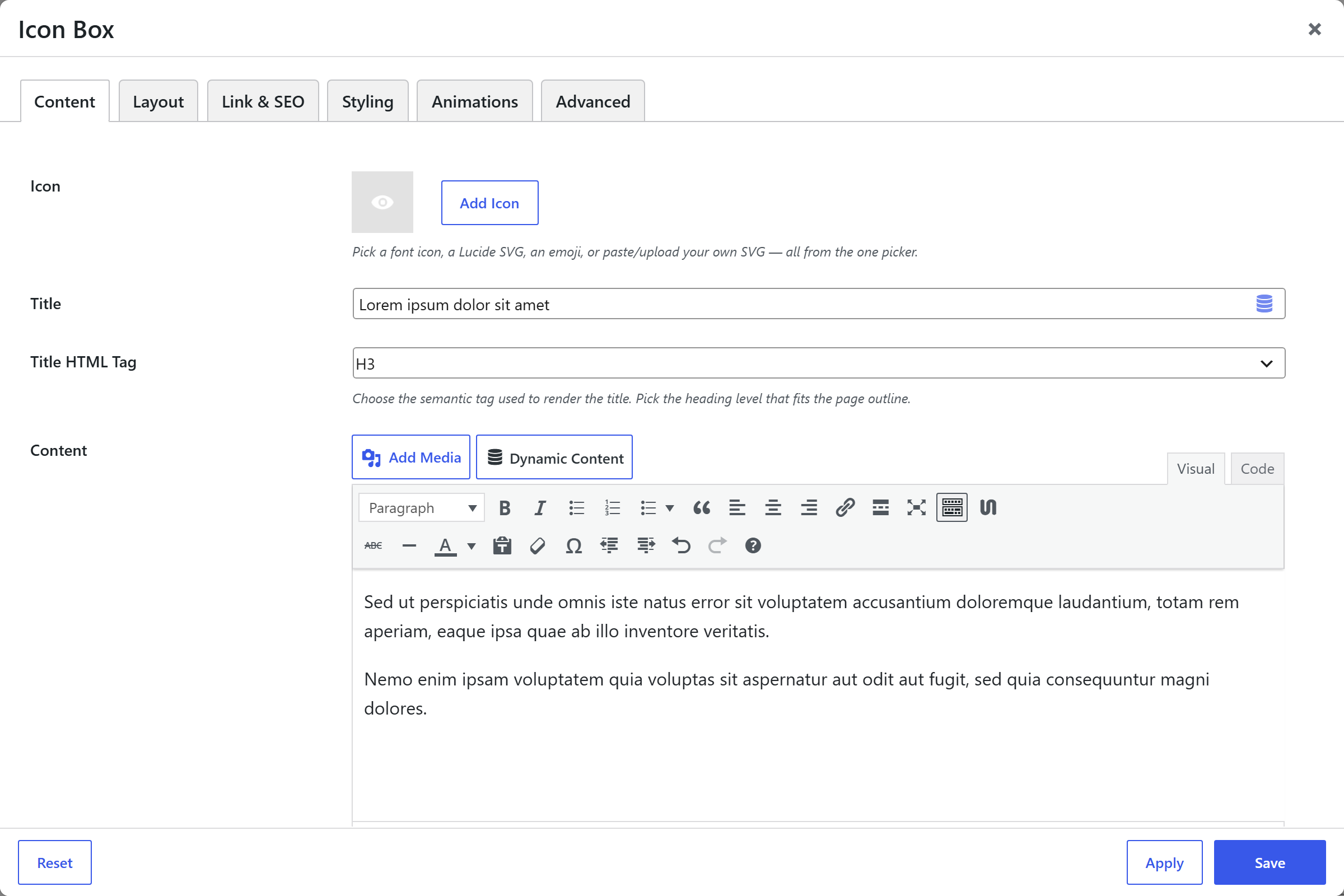 Icon Box options panel — Content tab