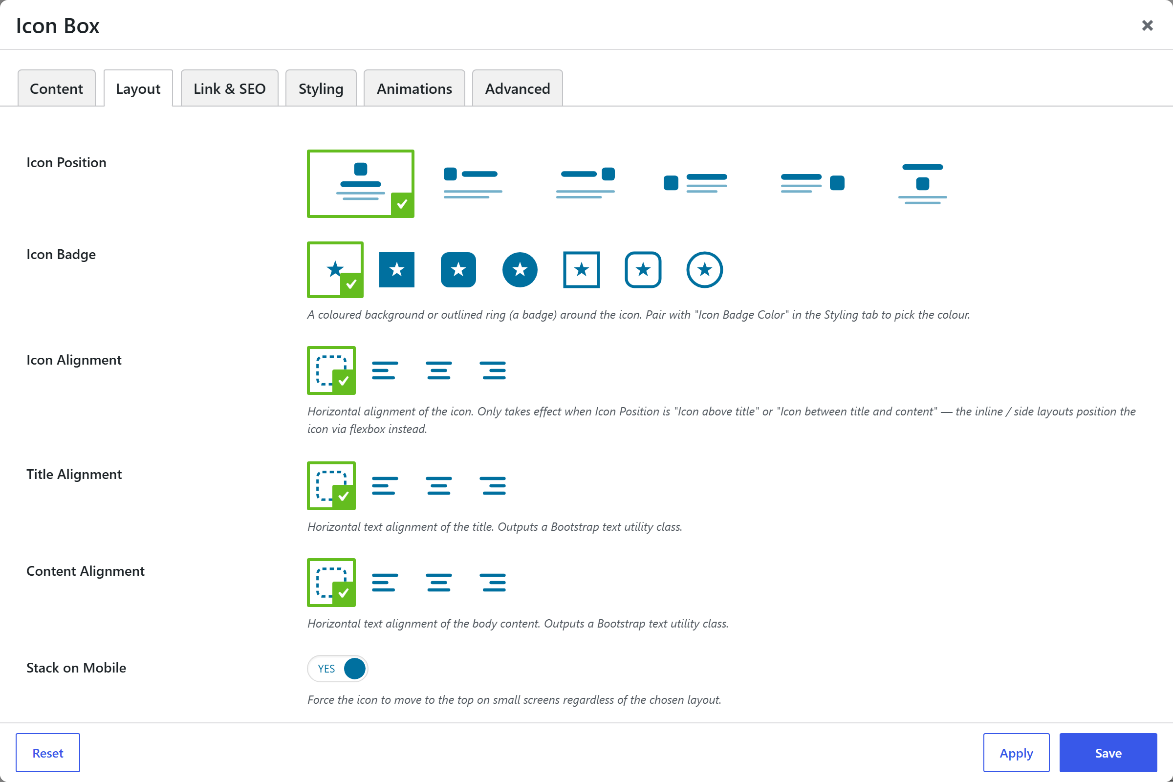 Icon Box options panel — Layout tab