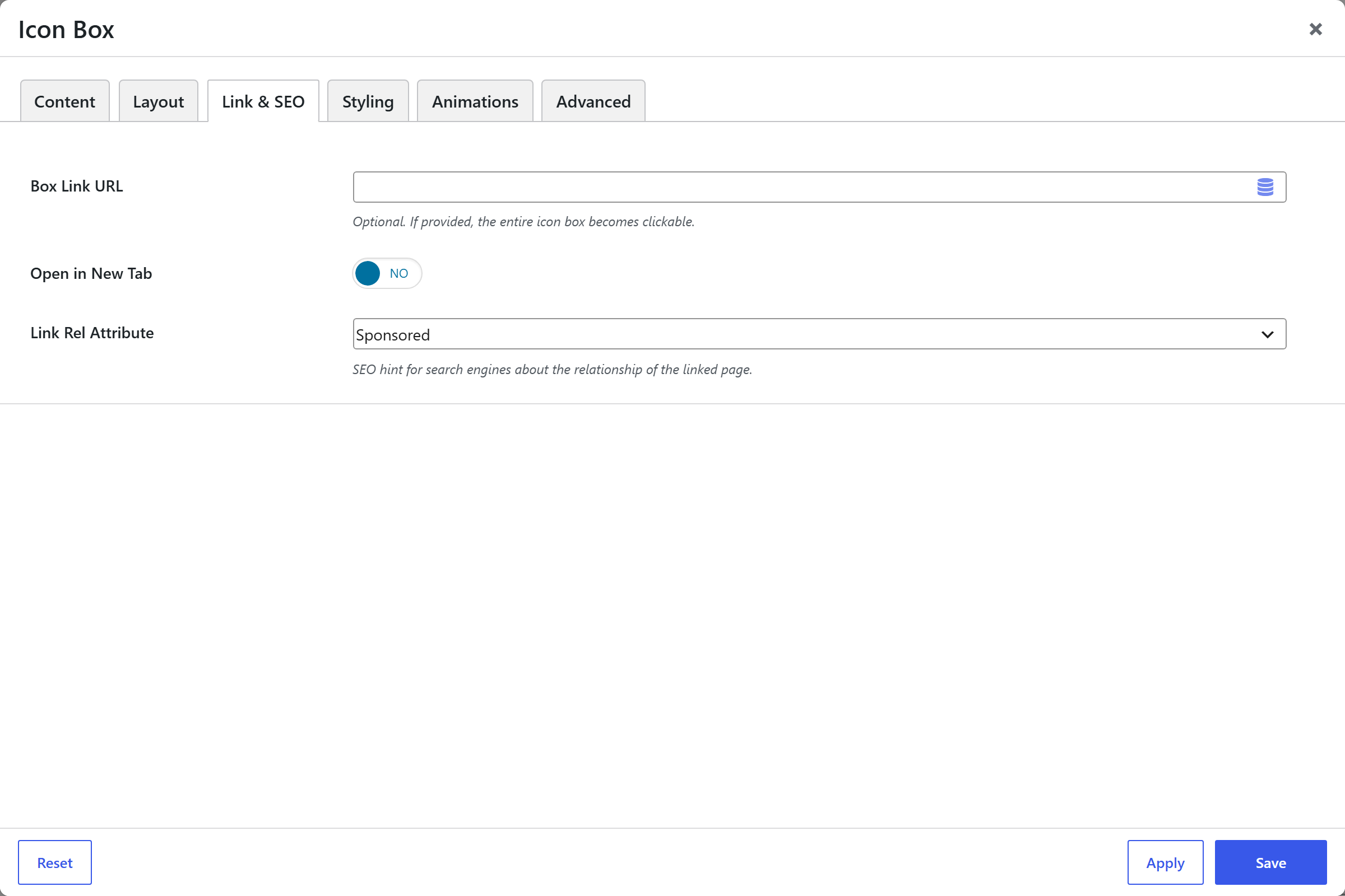 Icon Box options panel — Link & SEO tab