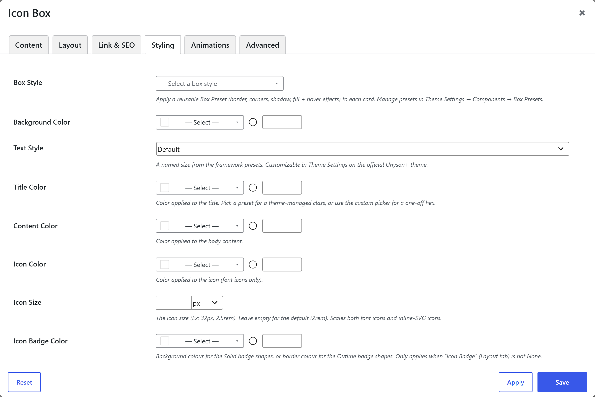 Icon Box options panel — Styling tab