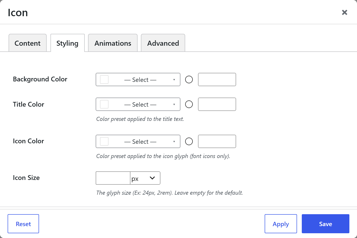 Icon options panel — Styling tab