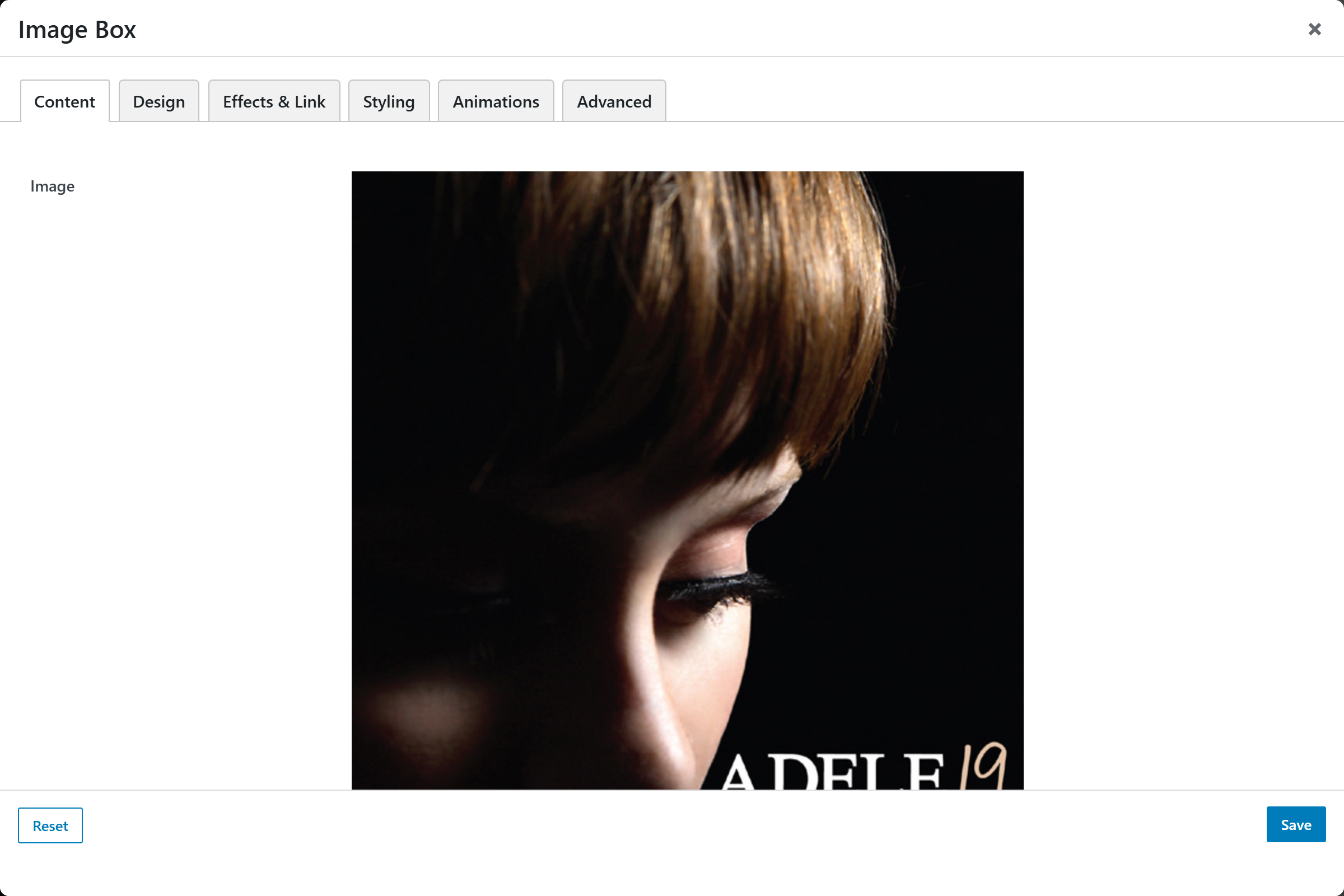 Image Box options panel — Content tab