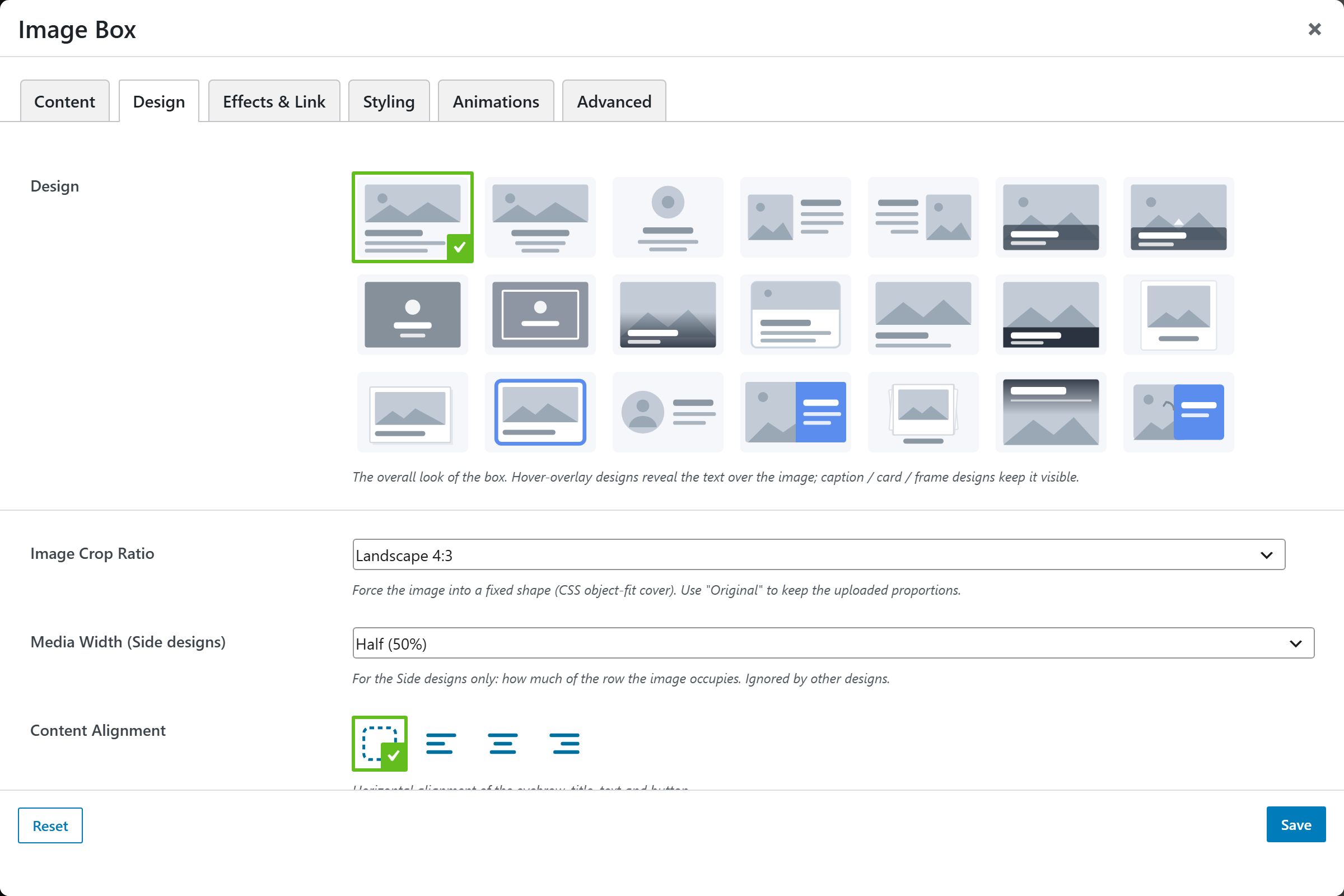 Image Box options panel — Design tab