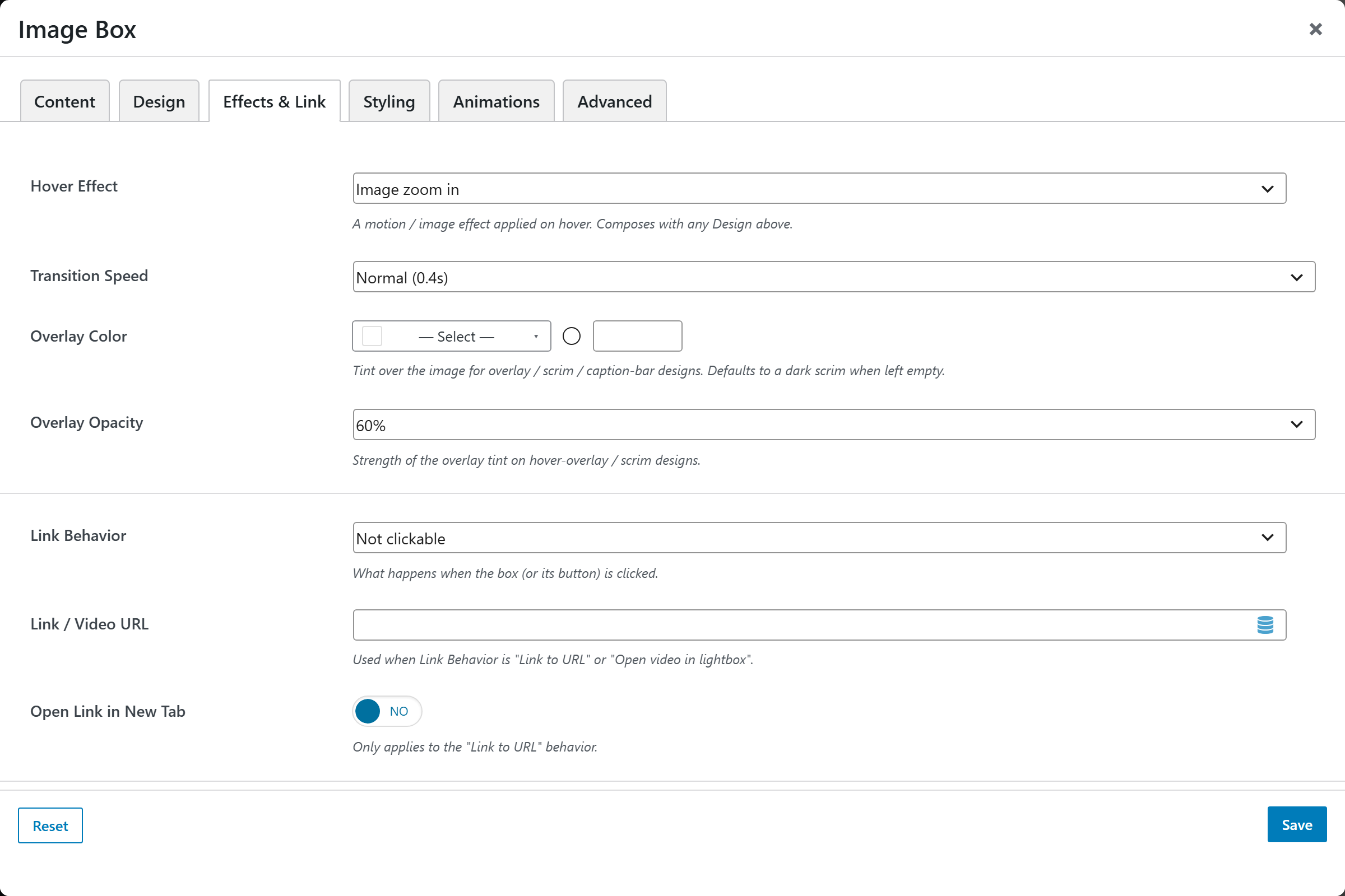 Image Box options panel — Effects & Link tab