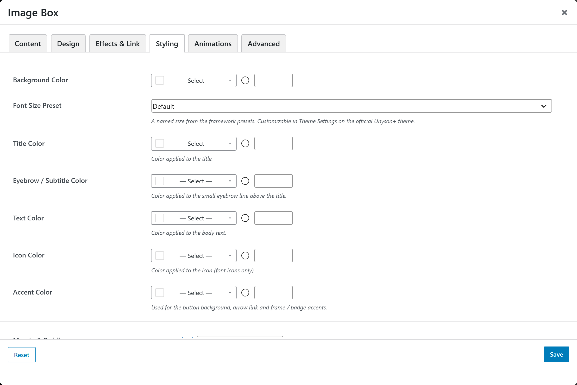 Image Box options panel — Styling tab