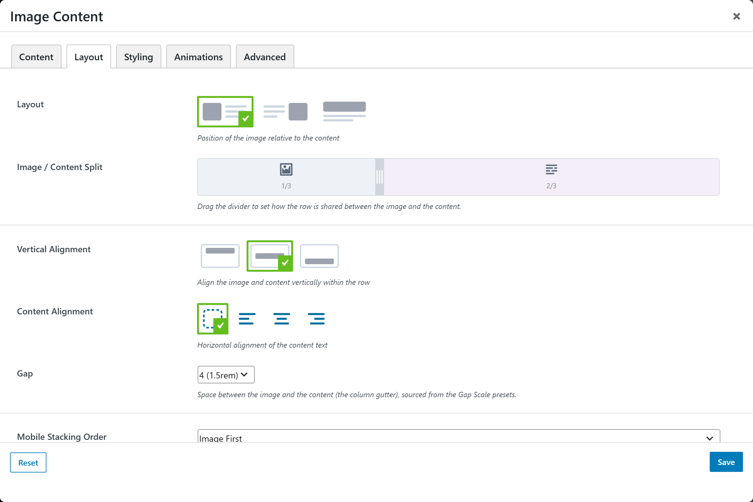 Image Content options panel — Layout tab