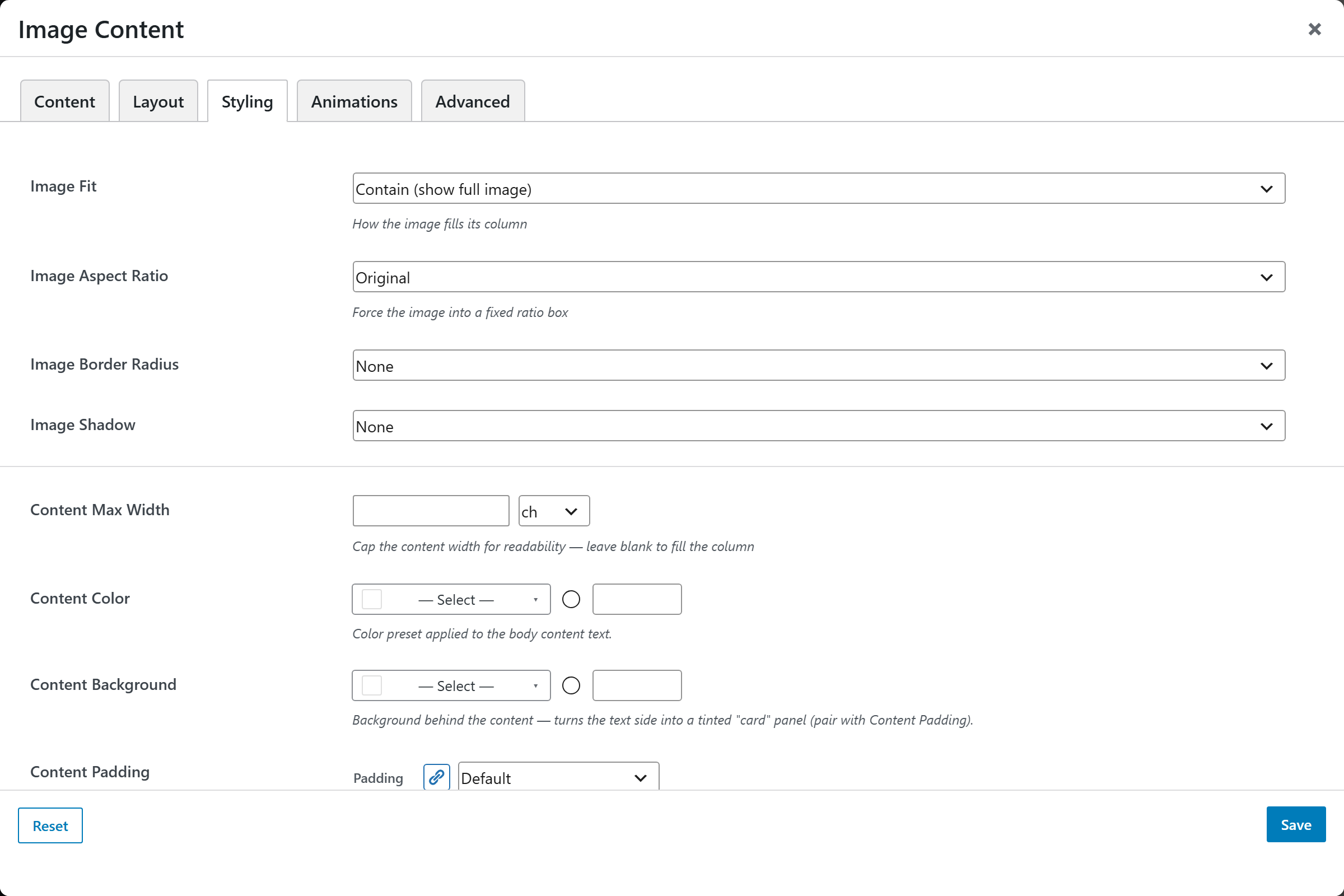Image Content options panel — Styling tab