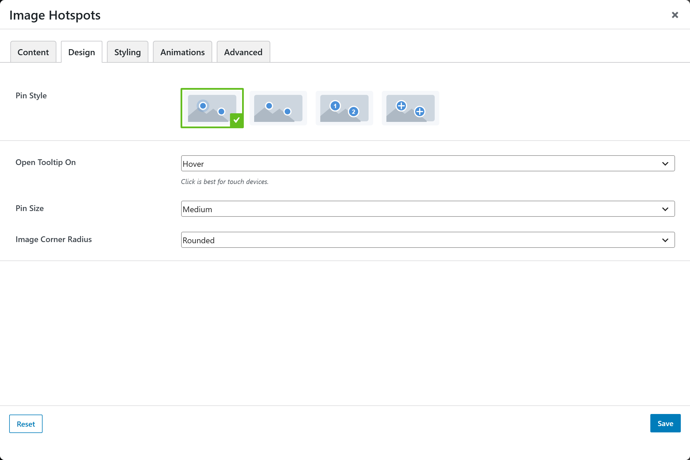 Image Hotspots options panel — Design tab