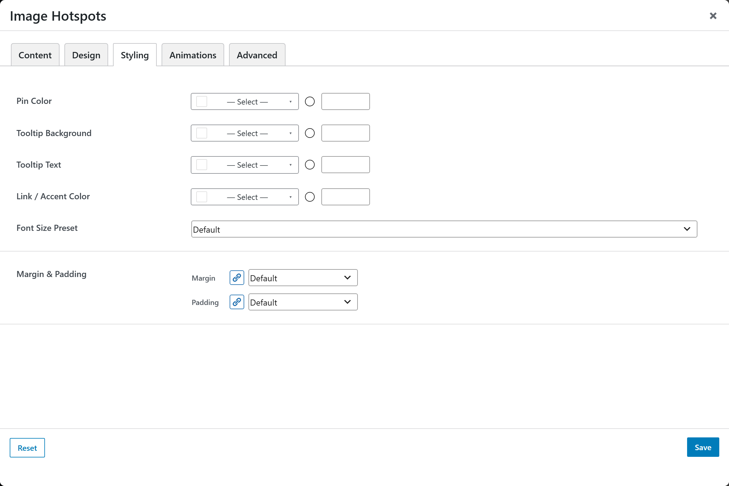 Image Hotspots options panel — Styling tab