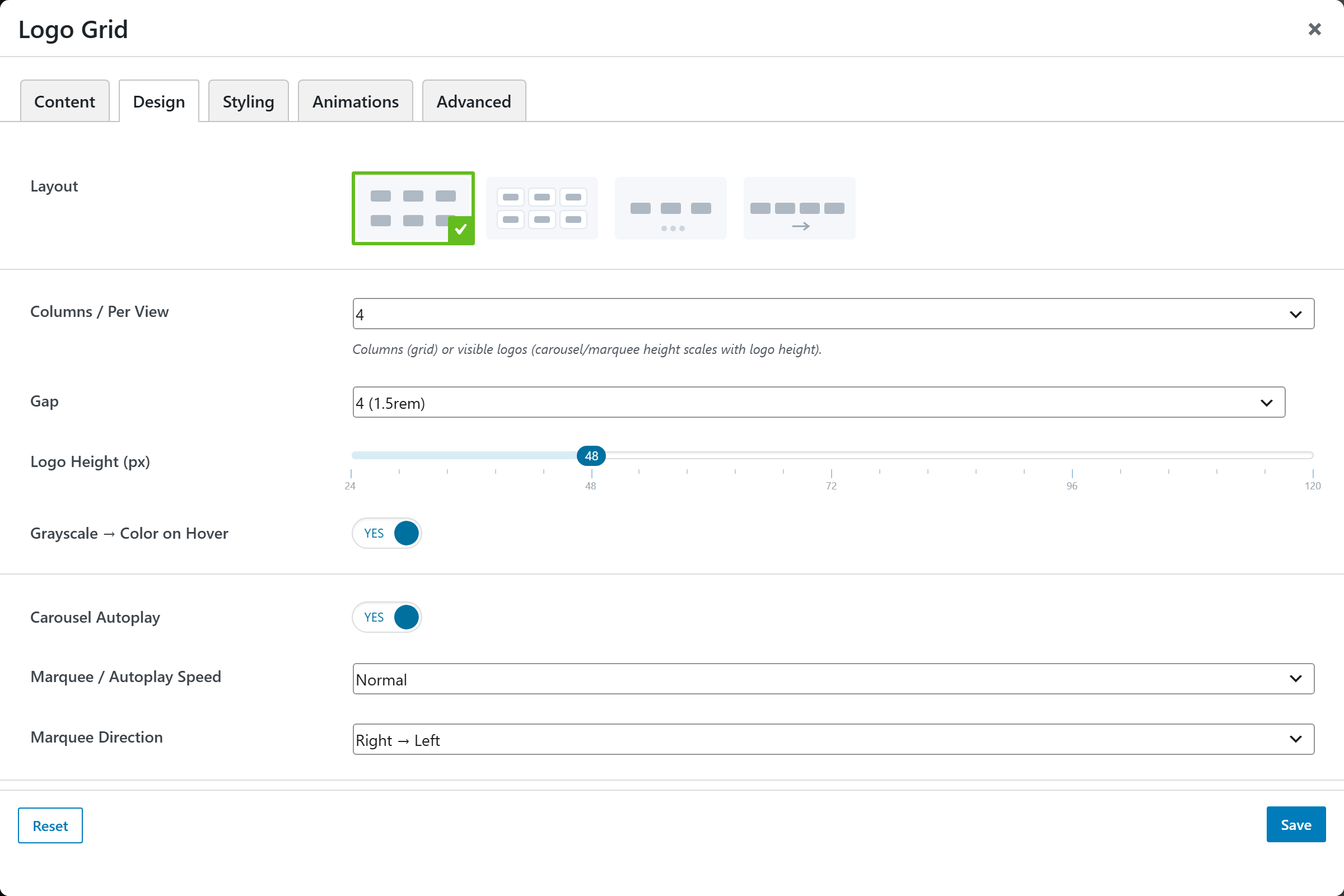 Logo Grid options panel — Design tab