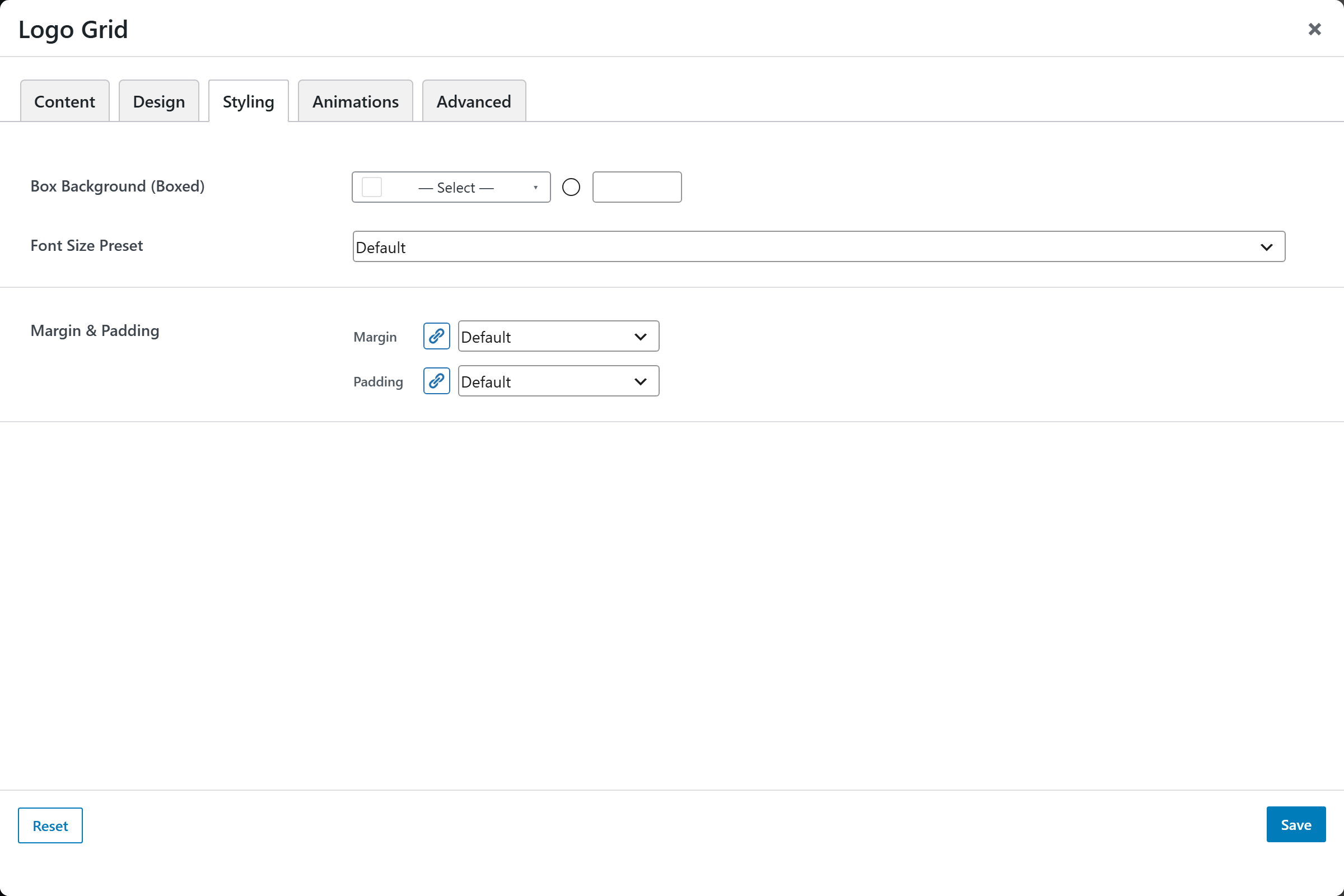 Logo Grid options panel — Styling tab