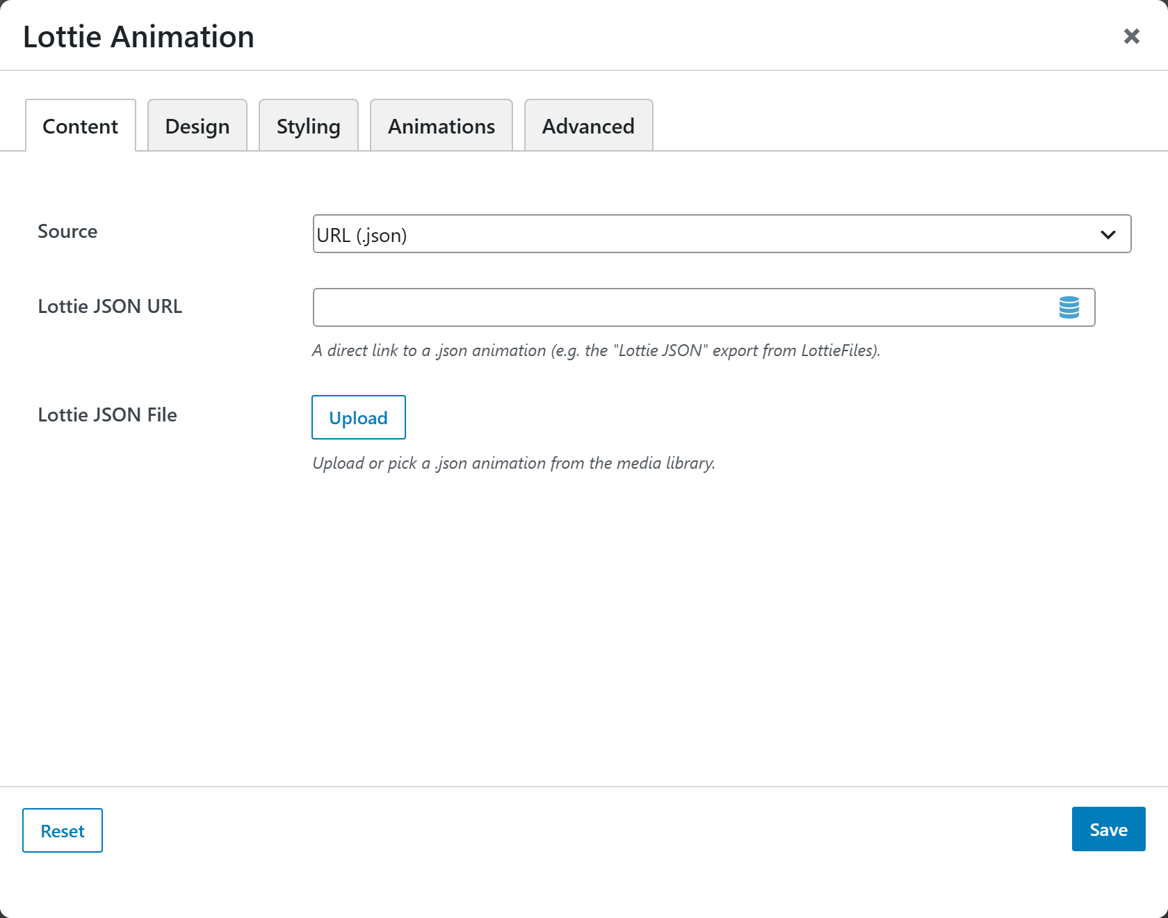 Lottie Animation options panel — Content tab