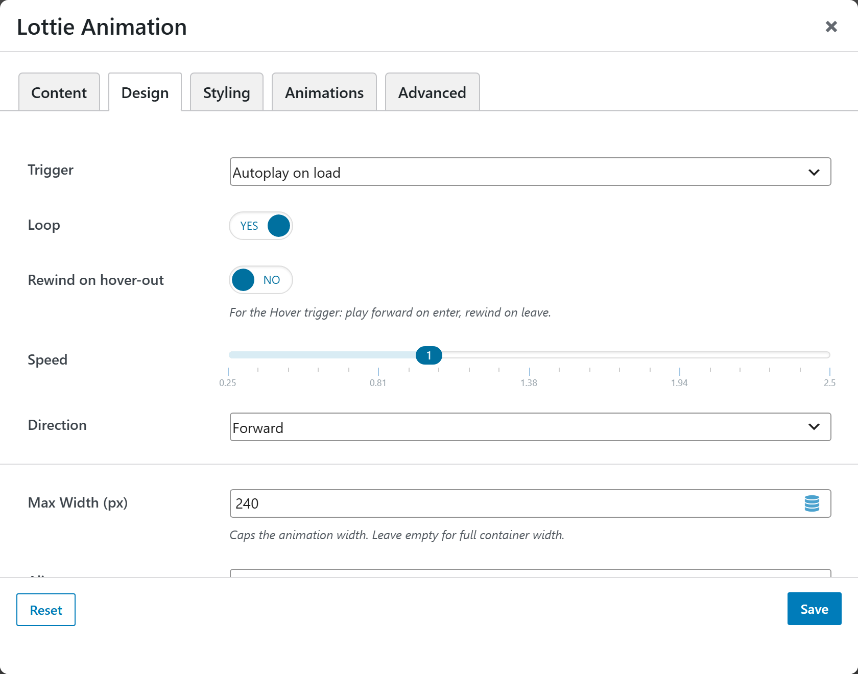 Lottie Animation options panel — Design tab