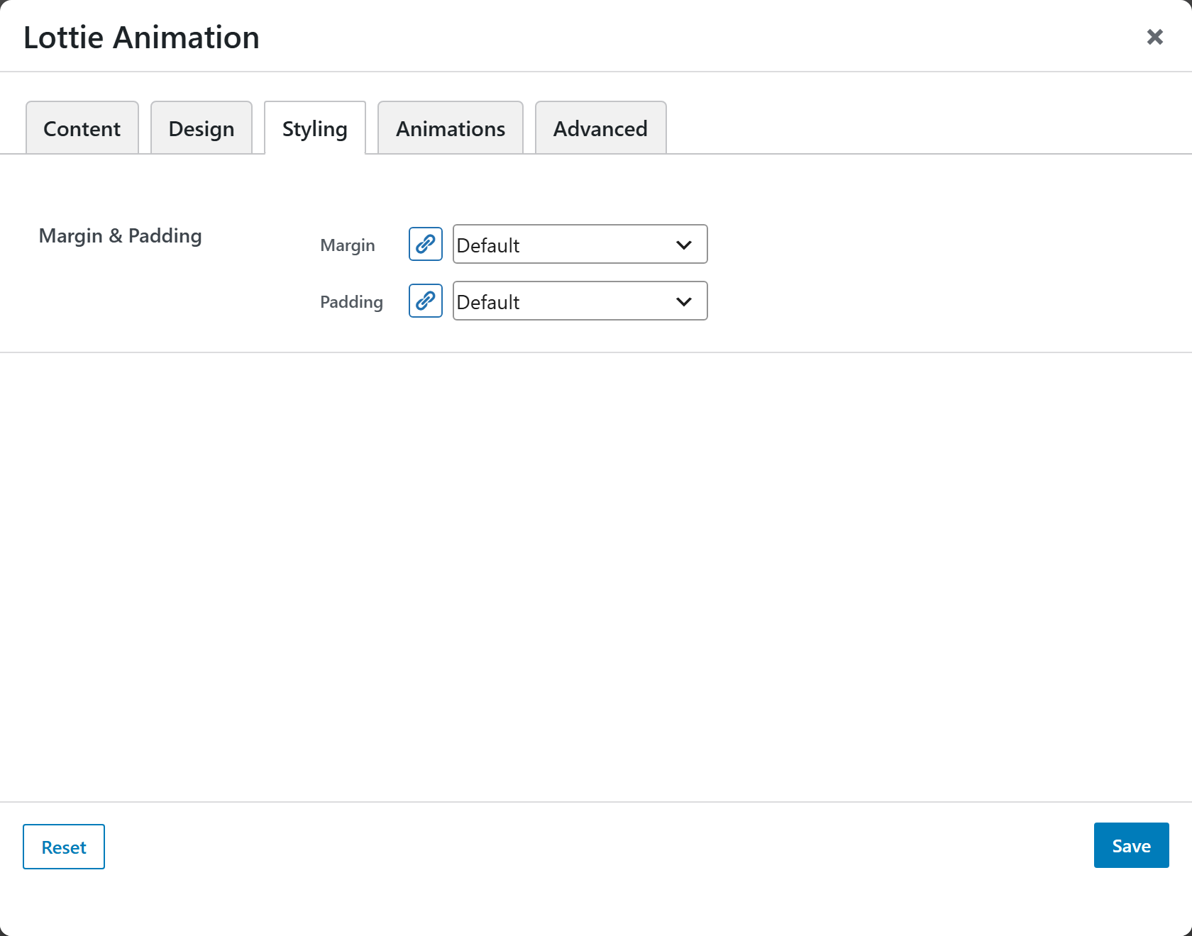 Lottie Animation options panel — Styling tab