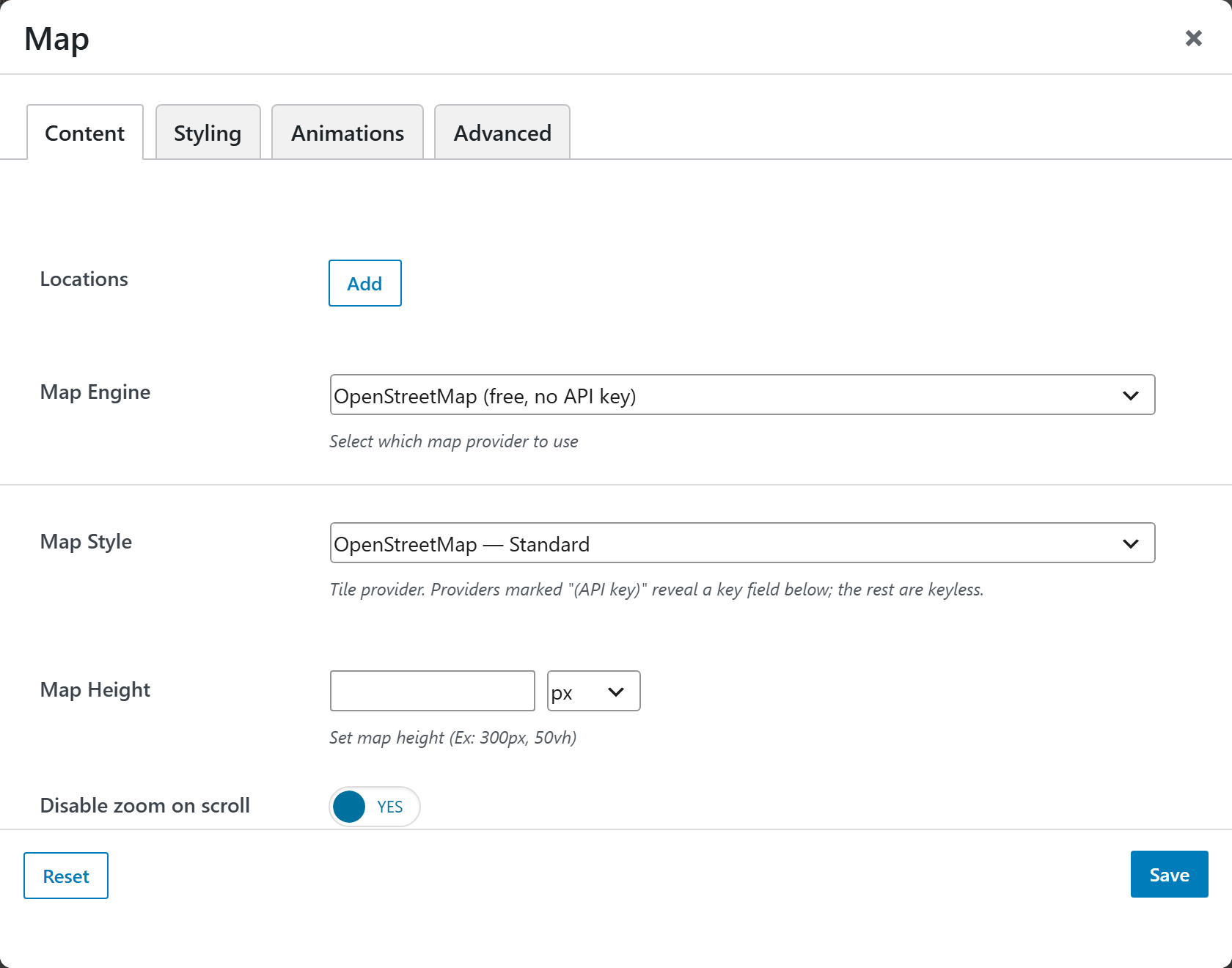 Map options panel — Content tab