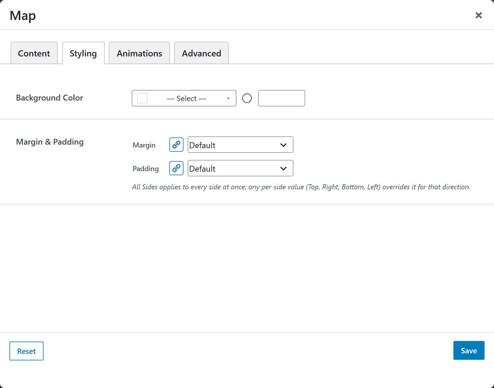 Map options panel — Styling tab