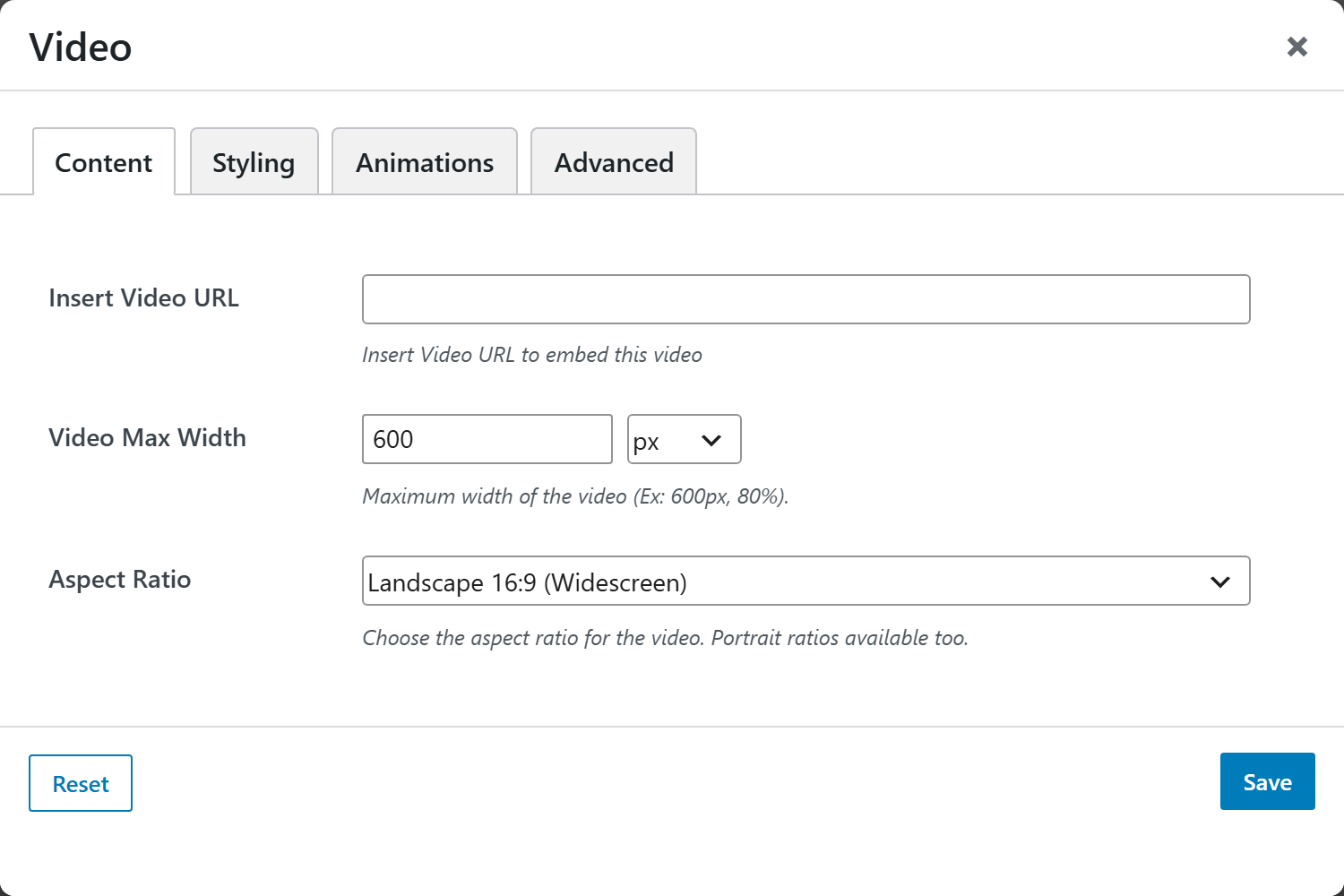 Video options panel — Content tab
