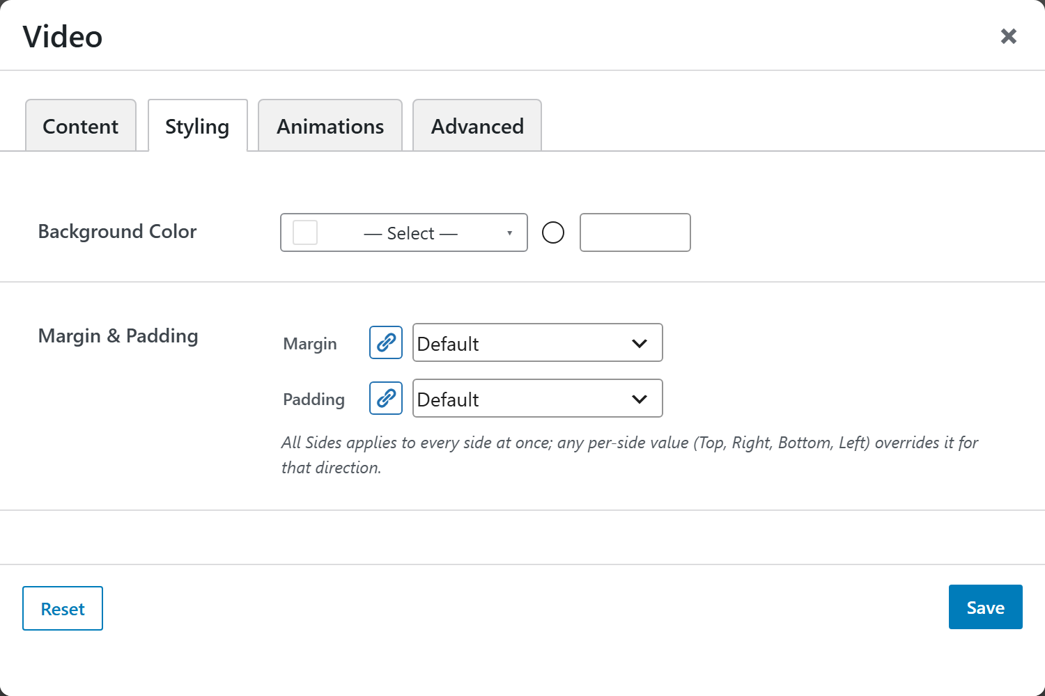 Video options panel — Styling tab