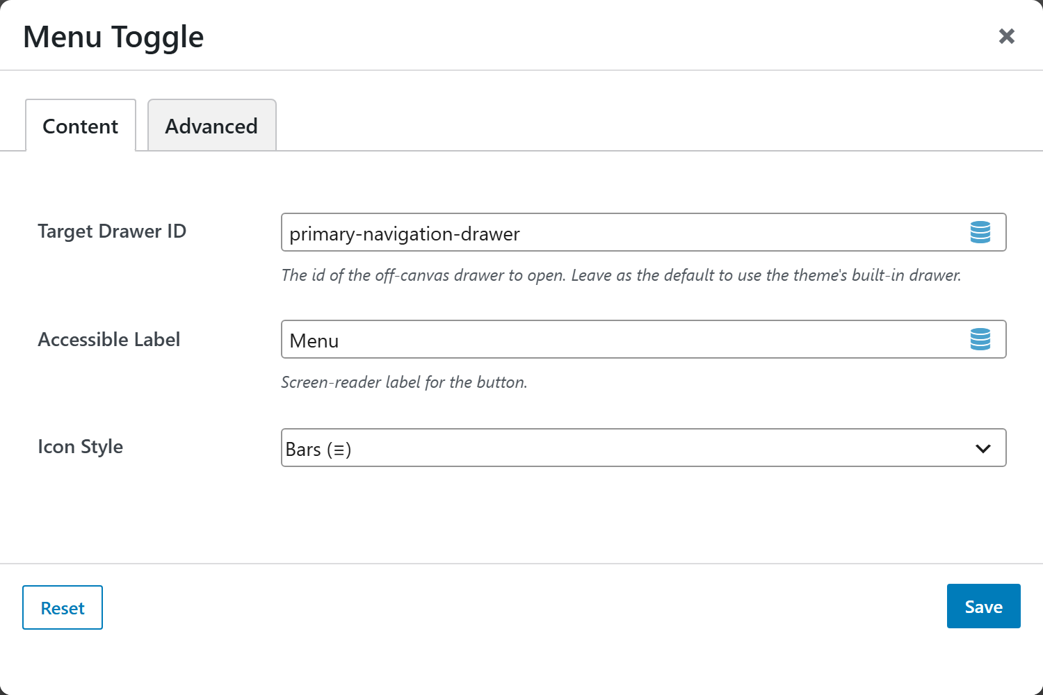 Menu Toggle options panel — Content tab