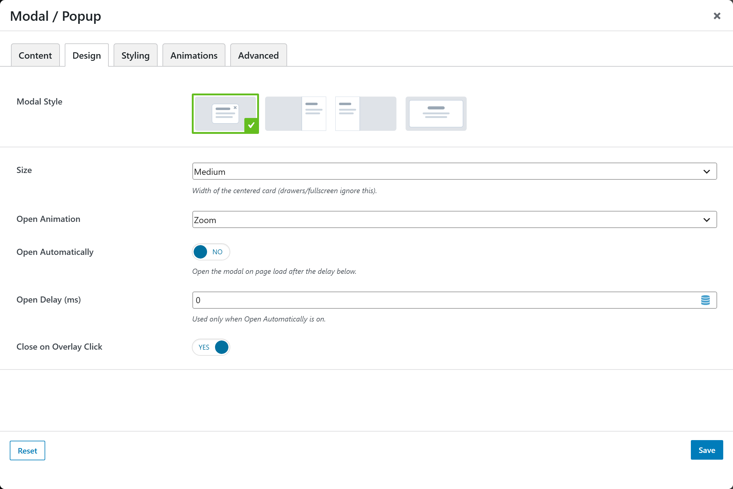 Modal / Popup options panel — Design tab