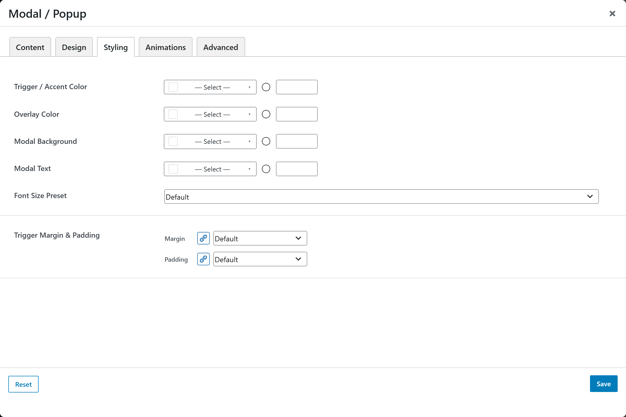 Modal / Popup options panel — Styling tab