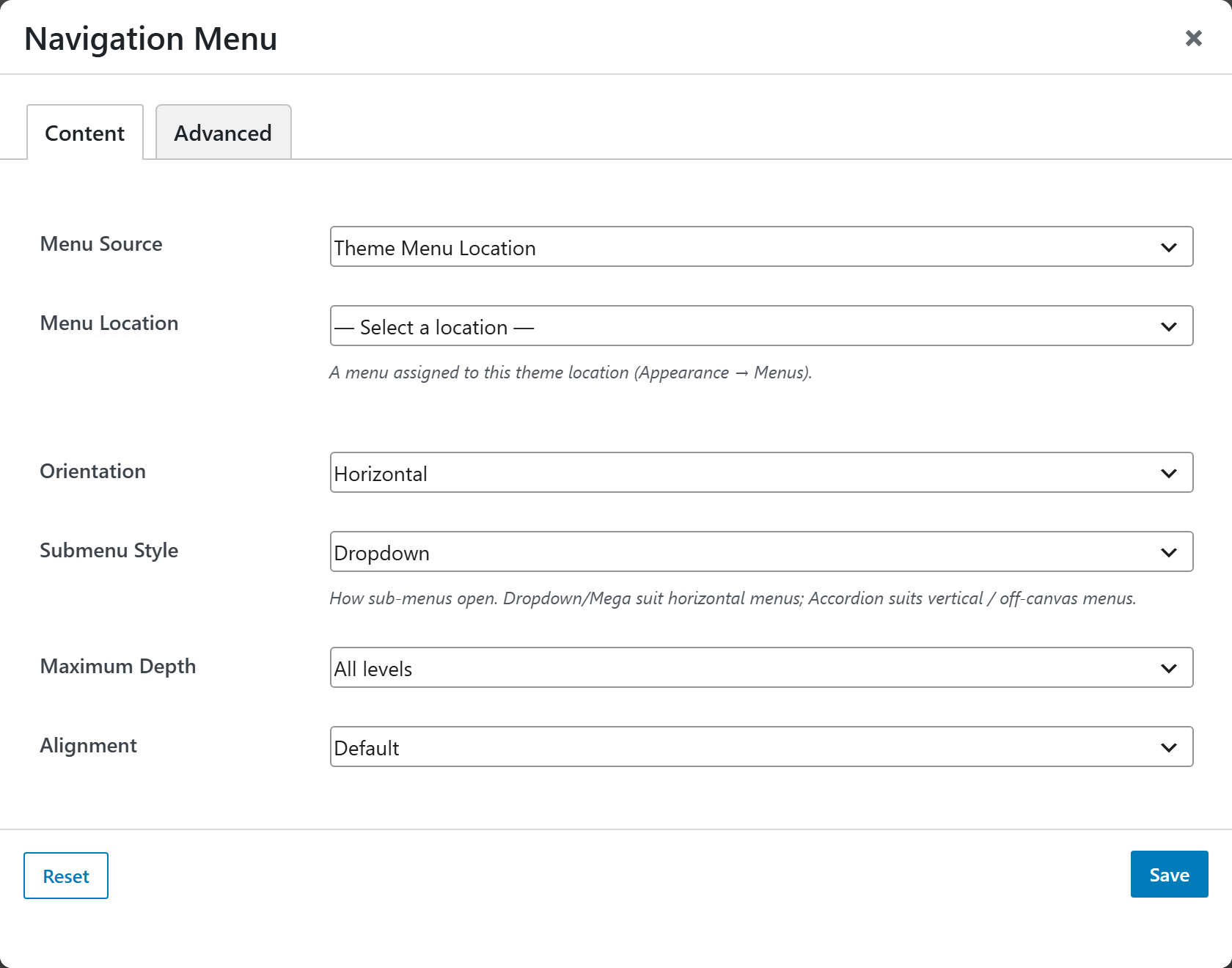 Navigation Menu options panel — Content tab