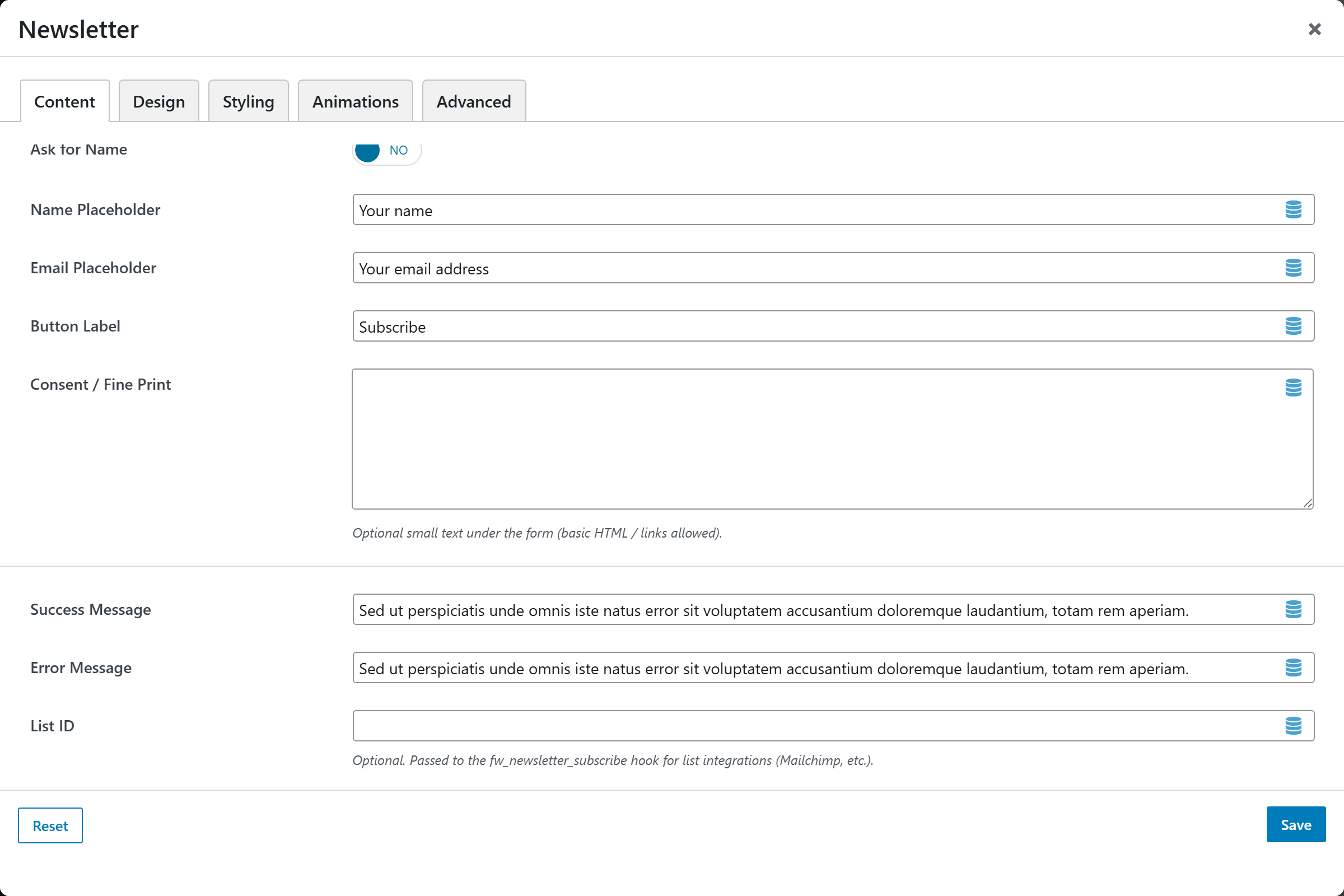 Newsletter options panel — Content tab