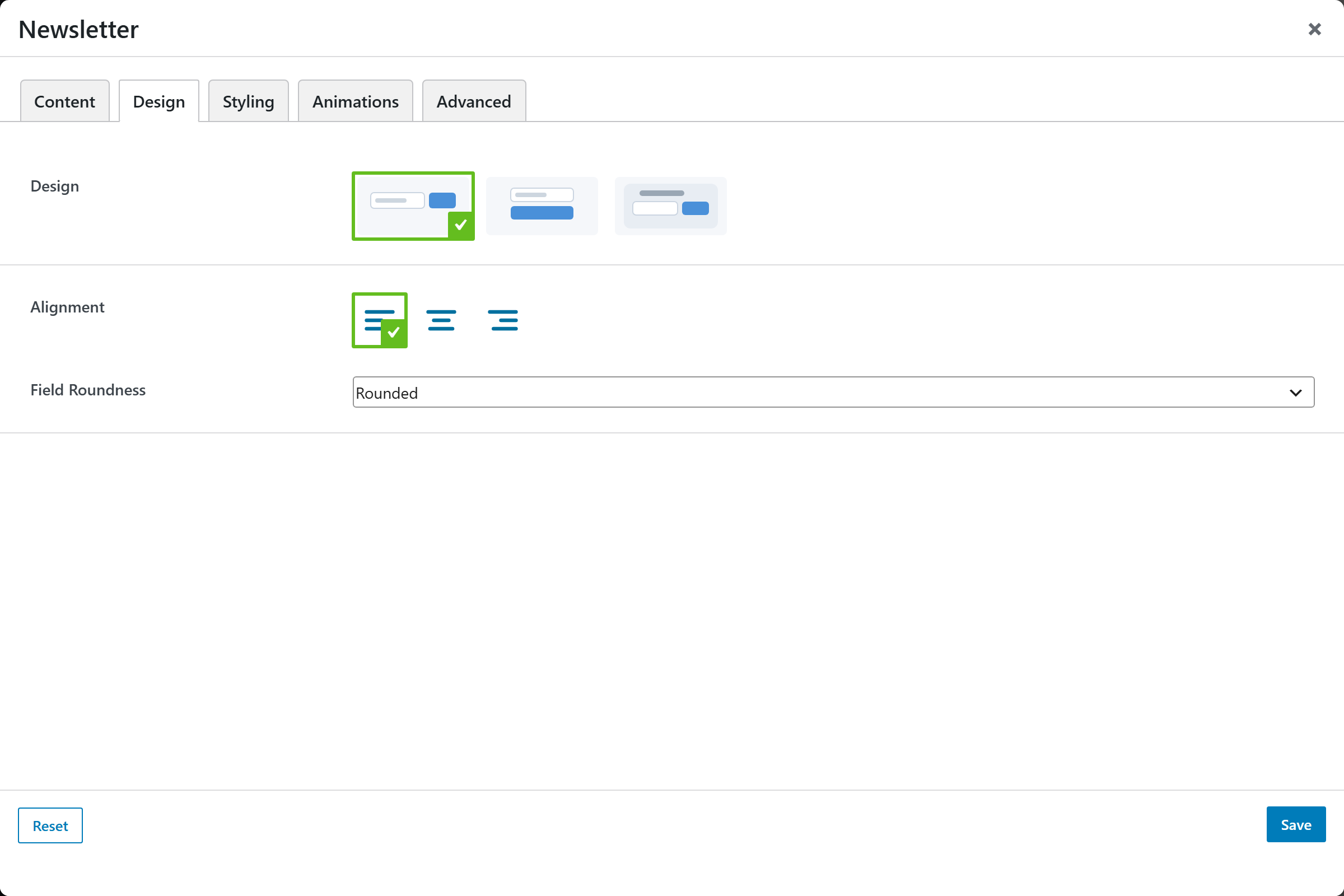 Newsletter options panel — Design tab