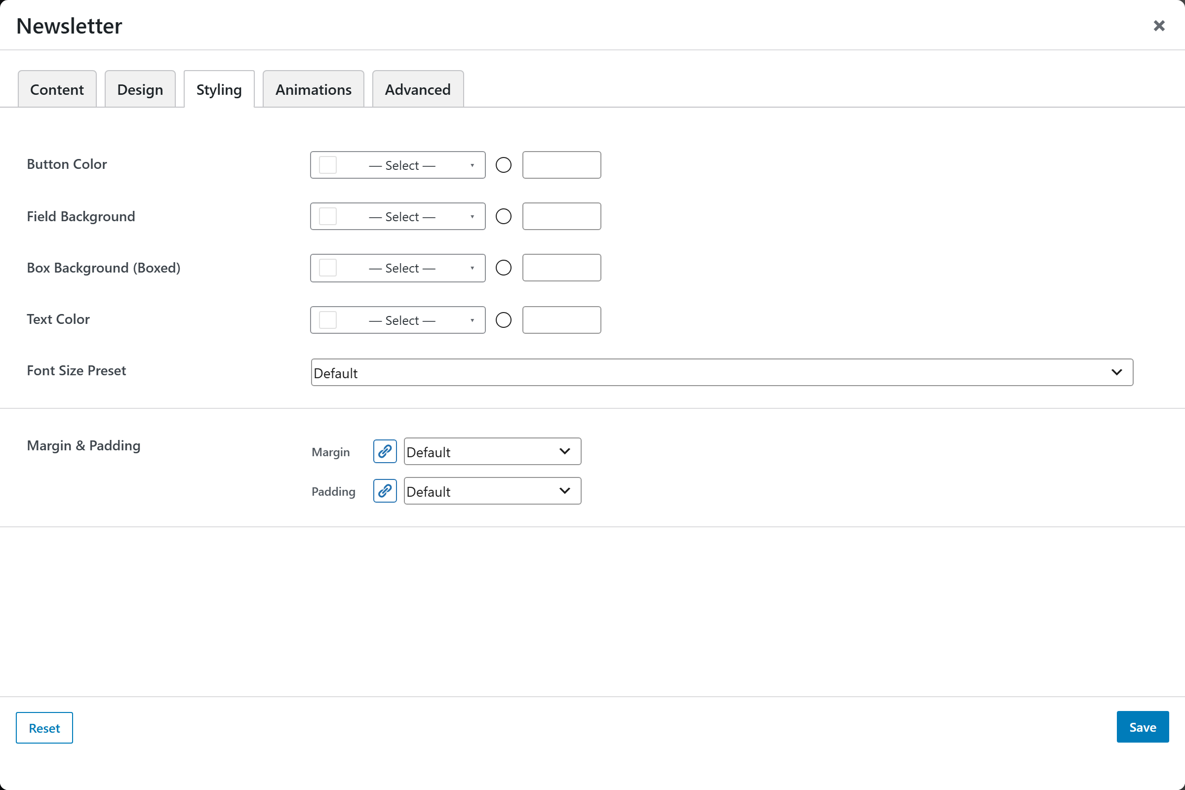 Newsletter options panel — Styling tab