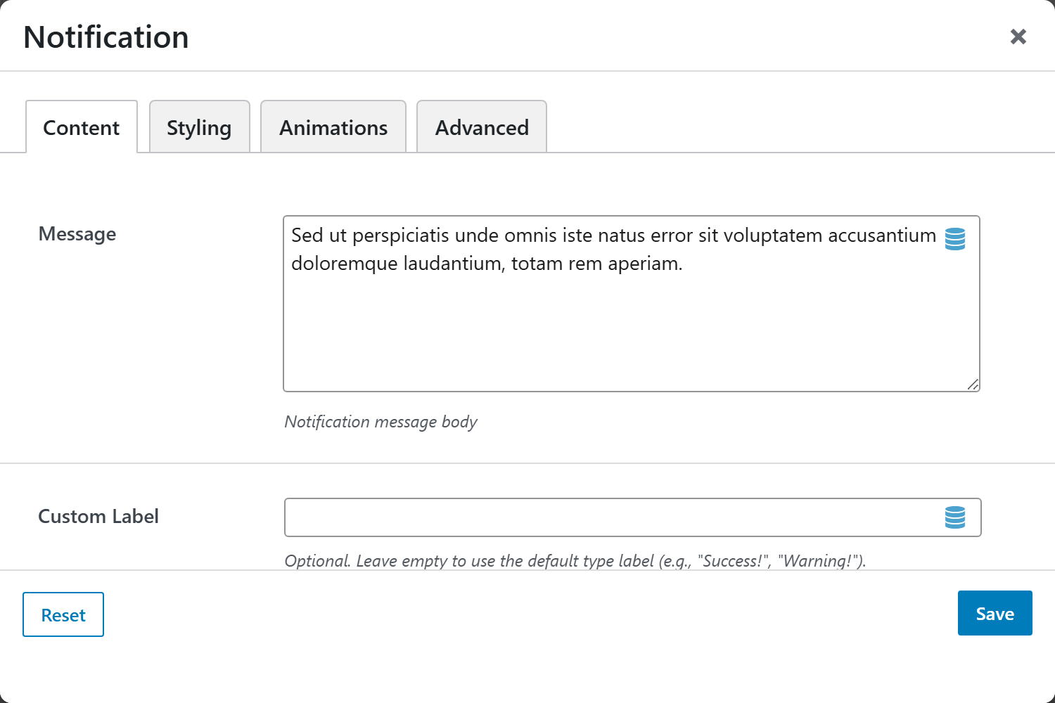 Notification options panel — Content tab