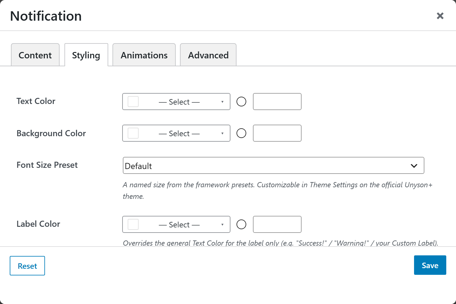 Notification options panel — Styling tab