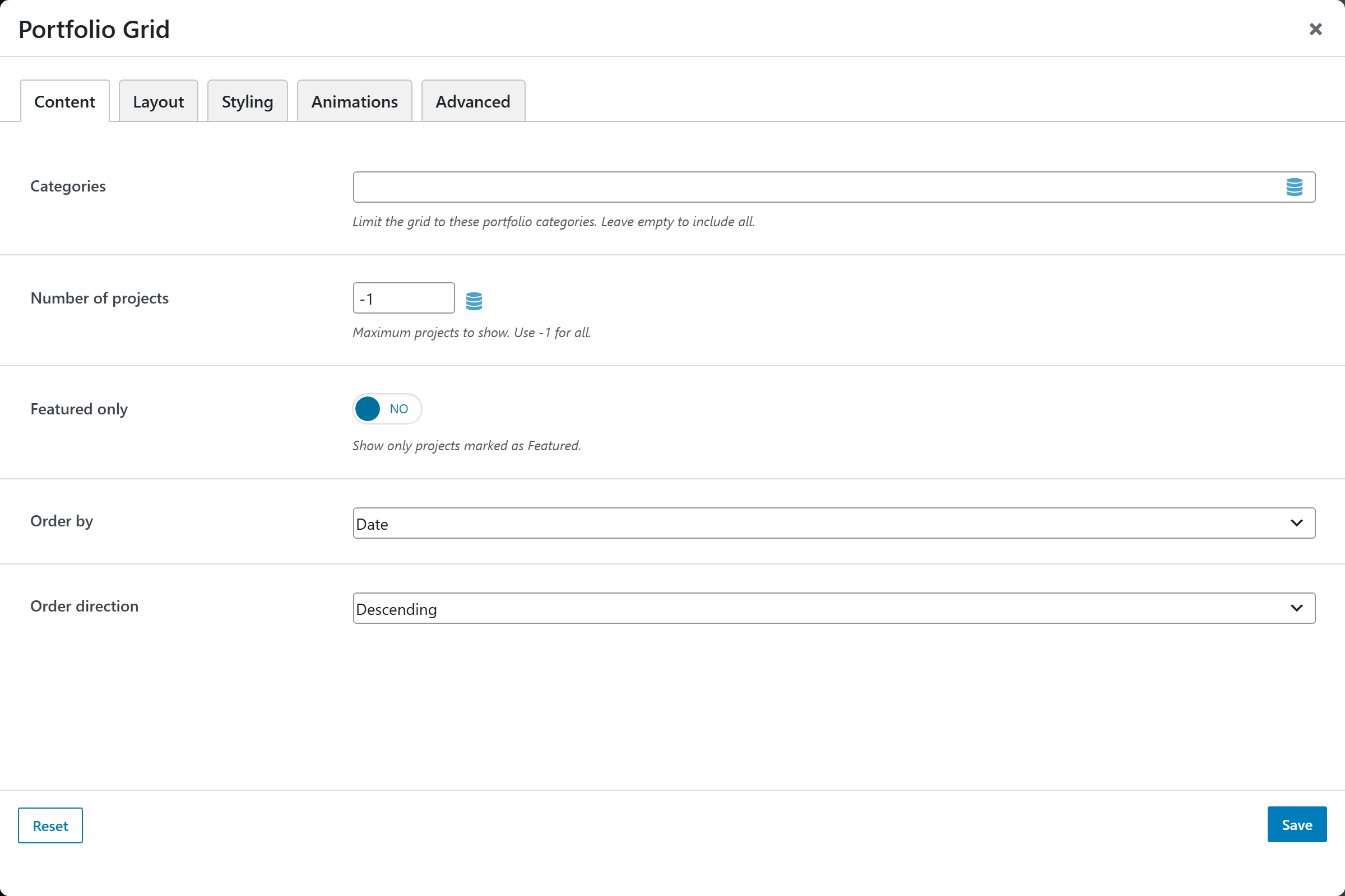 Portfolio Grid options panel — Content tab