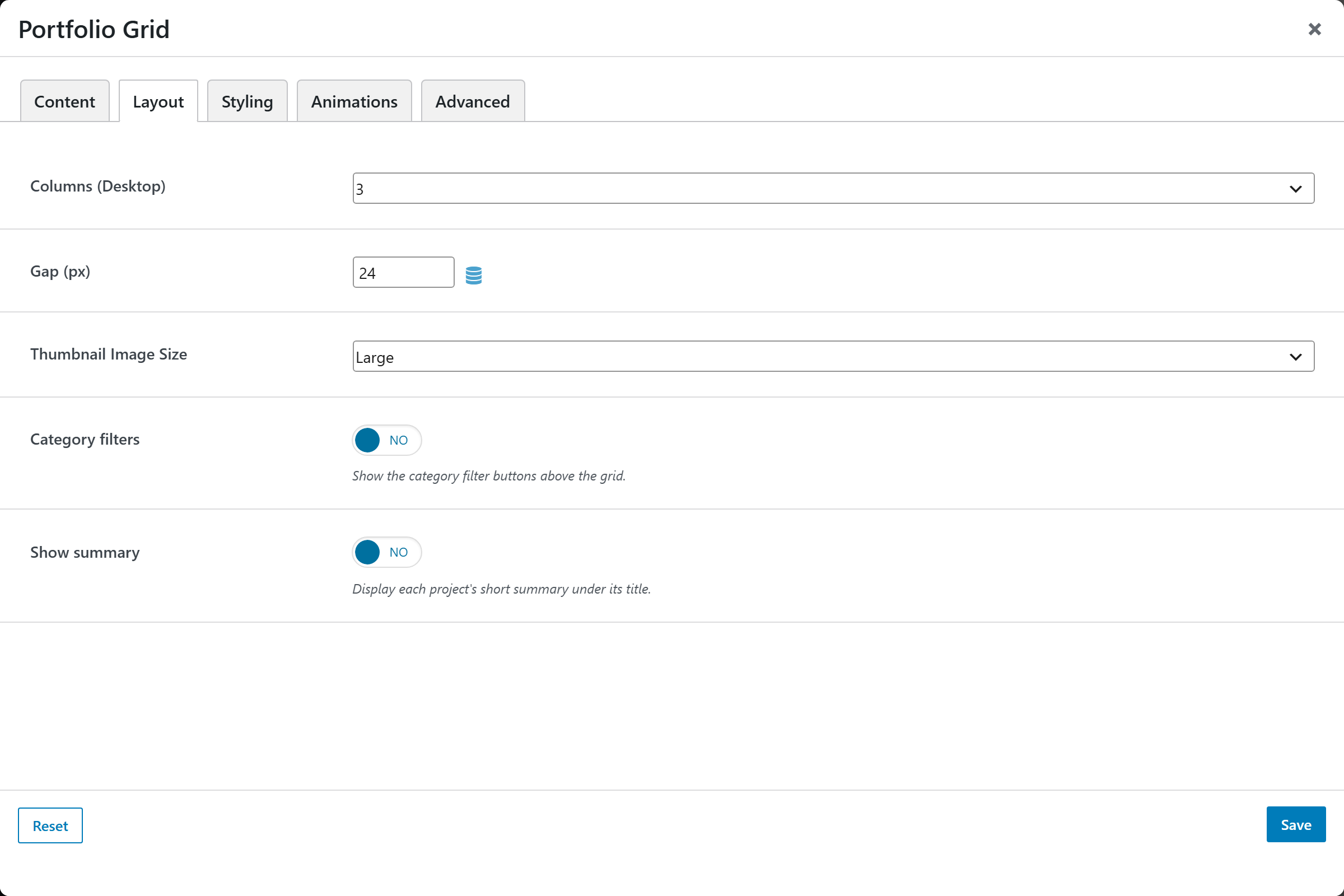 Portfolio Grid options panel — Layout tab